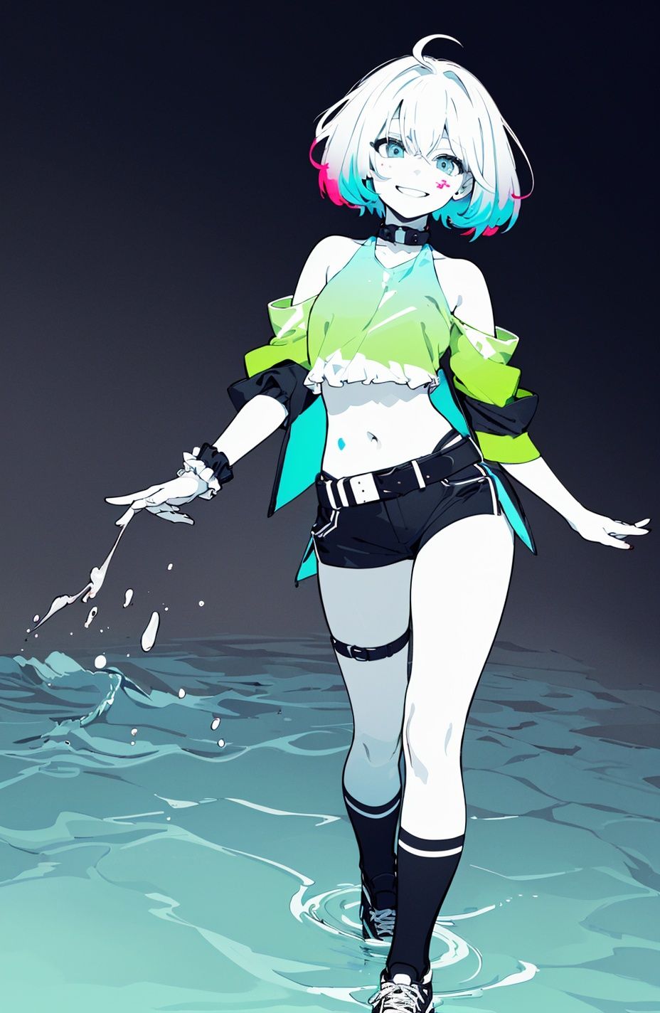 (((best quality)), ((ultra detailed)), ((masterpiece)), illustration,(oasis),(lakes),(detailed clear background),(clear background),(detailed light),lighting,(clear sky),night,stars,starry sky,moon light,(detailed clear water-drop:1.1),(ripple:1.1),(lake:1.1),((Colorful aurora)),1girl, solo, ((full body)),(detailed face), highest details, medium hair, messy hair, watery eyes, two-tone hair, gradient hair, multicolored scrunchie black cropped jacket,Complex headwear,bare shoulders, cutout above navel, detached sleeves, puffy short sleeves, black shorts, black belt, over-kneehighs, sneakers, arms at sides, Walking slowly on the water,head tilt, light smile,light rays, (high contrast),(((Colored paint background)))