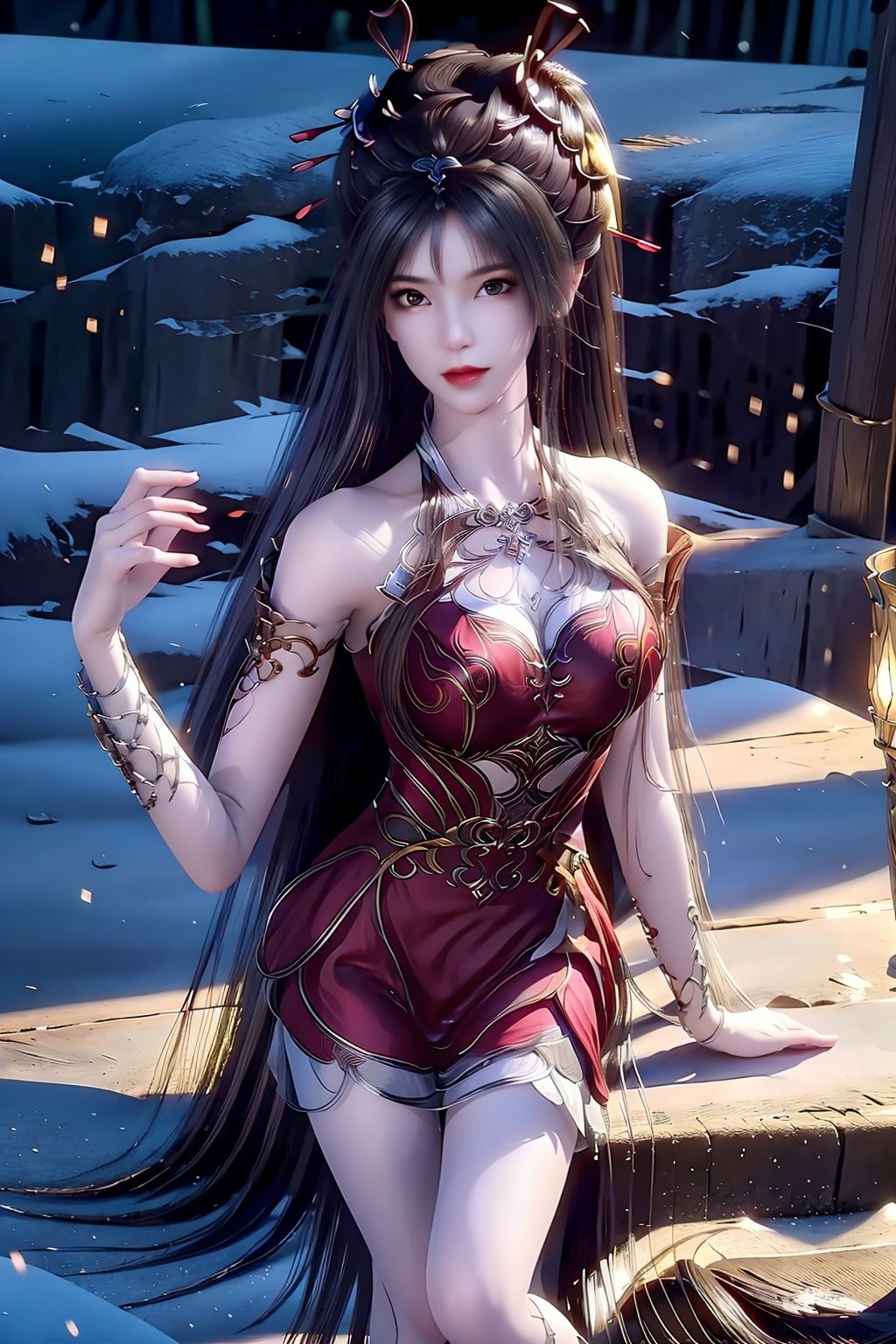 1girl, animal ears, snowflakes,full body,thighs,ponytail,dress,brown hair, moon, solo, long hair, hair ornament, metal collar, lantern, collar, looking at viewer,red dress,  <lora:xm1:1>
