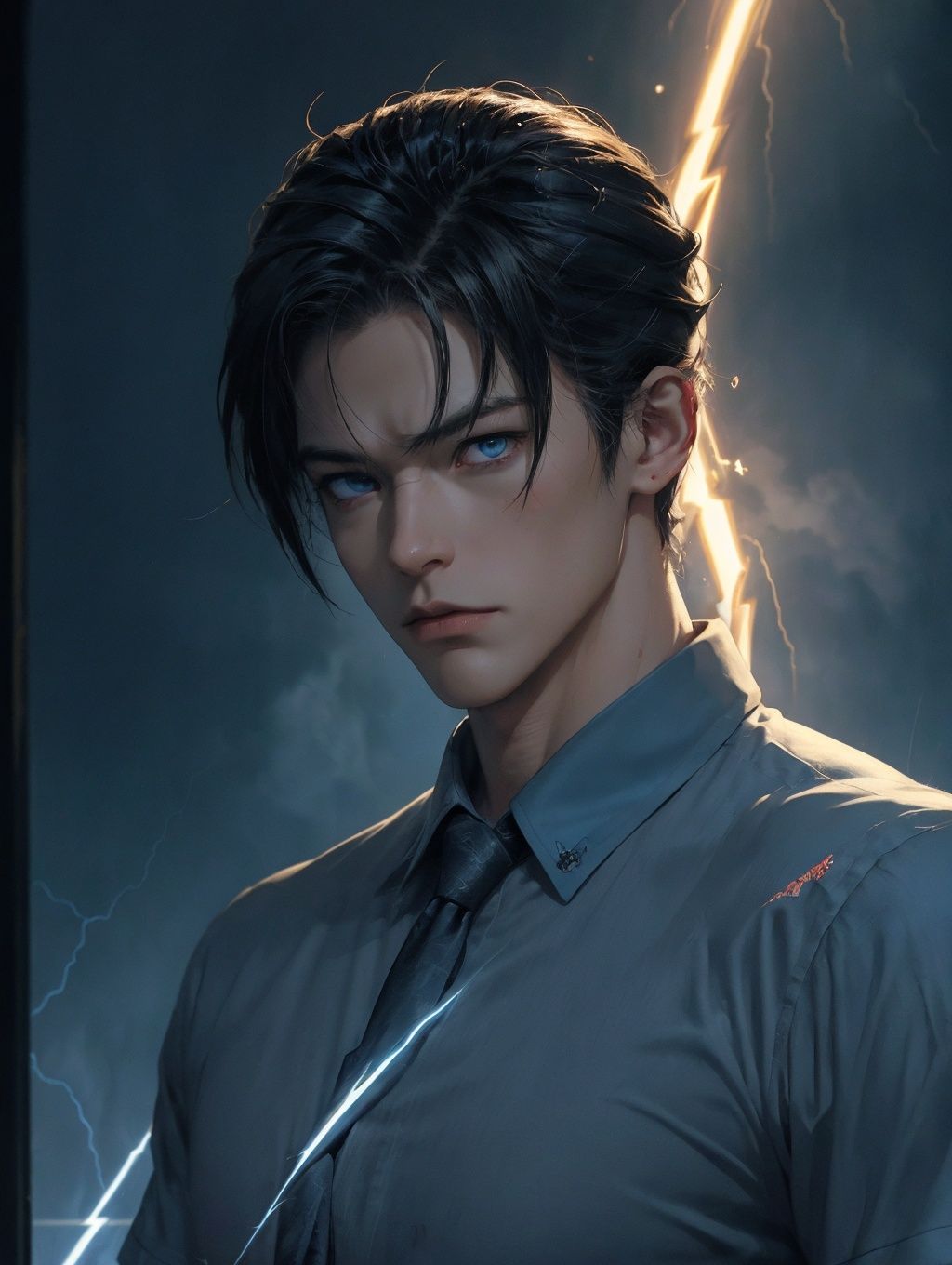 ((Anime style)),((Comic styleOne night)), (((man:1.2))),Jack came home and found the room dark,((Behind me, there was lightning intertwined:1.2)),((Doomsday)),((With lightning in their eyes)),Thor,((Blue flame behind you:1.2)),((Golden Body))the whole body,background,White Short Sleeve,  <lora:Novel_20230629180207:0.6>