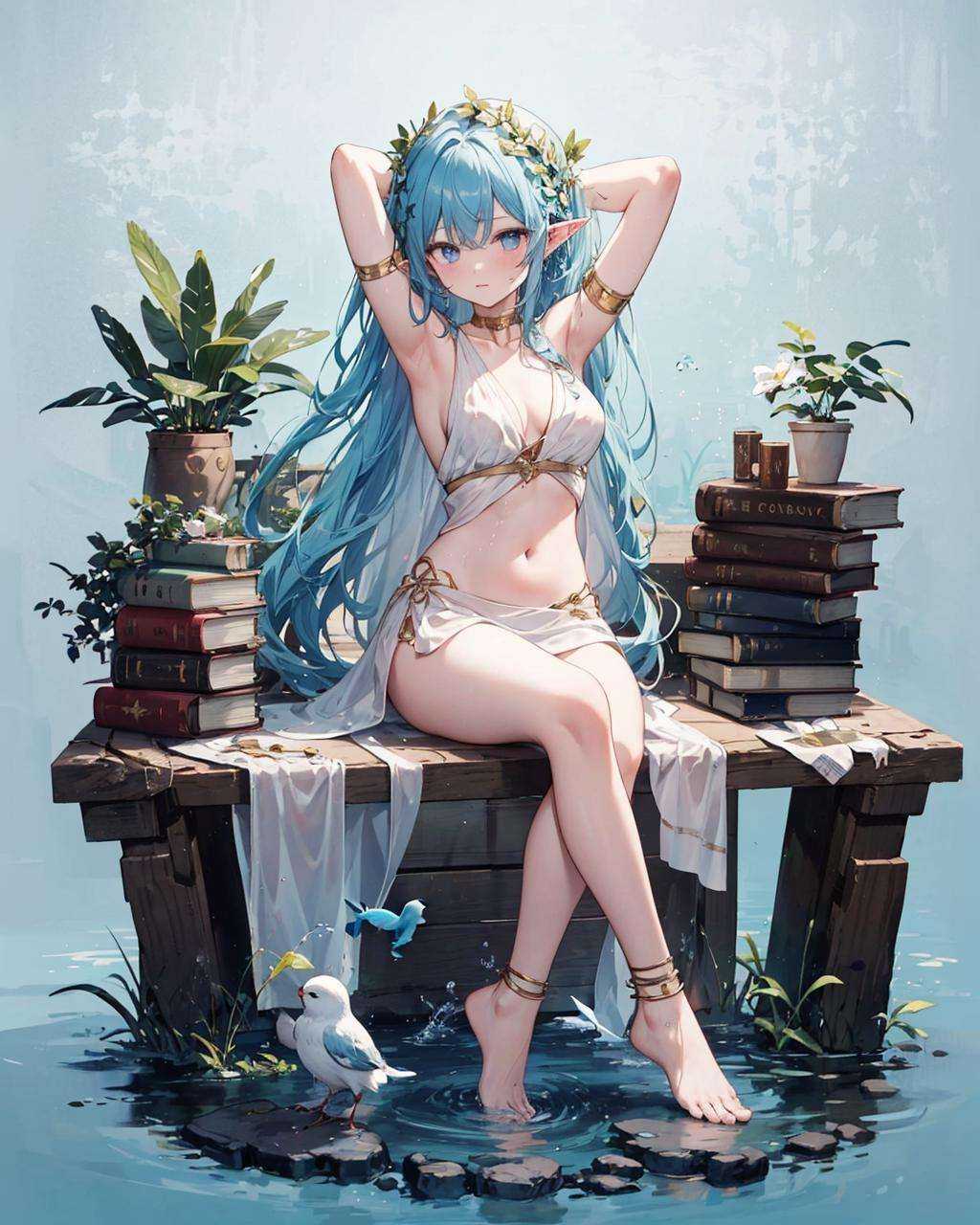 <lora:GreekClothes:1>,greek clothes, peplos, 1girl, long hair, barefoot, blue hair, bird, navel, solo, pointy ears, water, breasts, jewelry, book, sitting, armpits, anklet, tree, plant, medium breasts, soaking feet, blue background, midriff, arms up, full body, elf, looking at viewer, very long hair, faux figurine, collarbone, stomach, bracelet