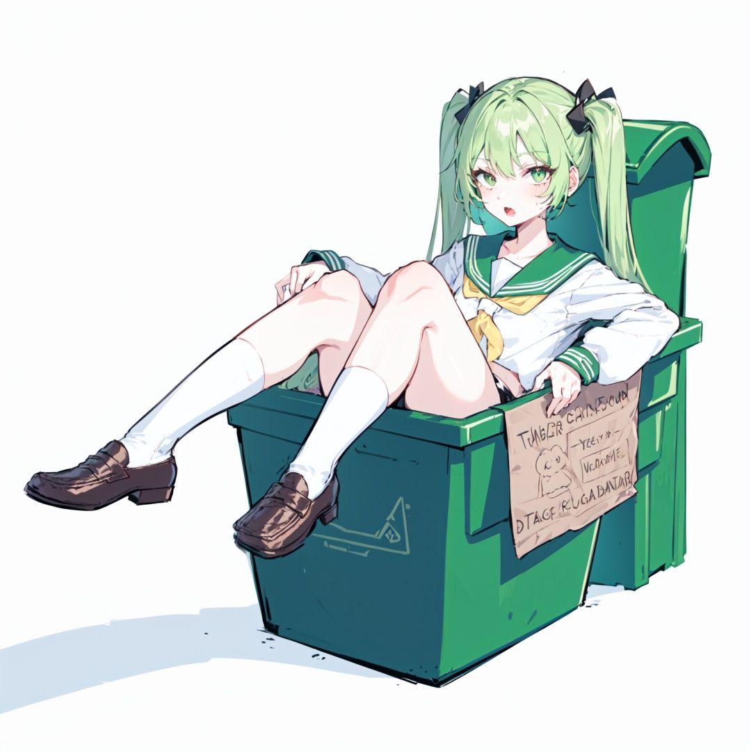 in container, 1girl, solo,green hair, hair ornament, socks, long hair, school uniform, rabbit hair ornament, green eyes, twintails, white socks, white background,  skirt, brown footwear, serafuku, shoes, simple background, open mouth, long sleeves, sailor collar, loafers, sitting, loose socks, bangs, pleated skirt, hair intakes, shirt,full body, sitting ,(trash can:1.2),in trash can,looking at viewer,