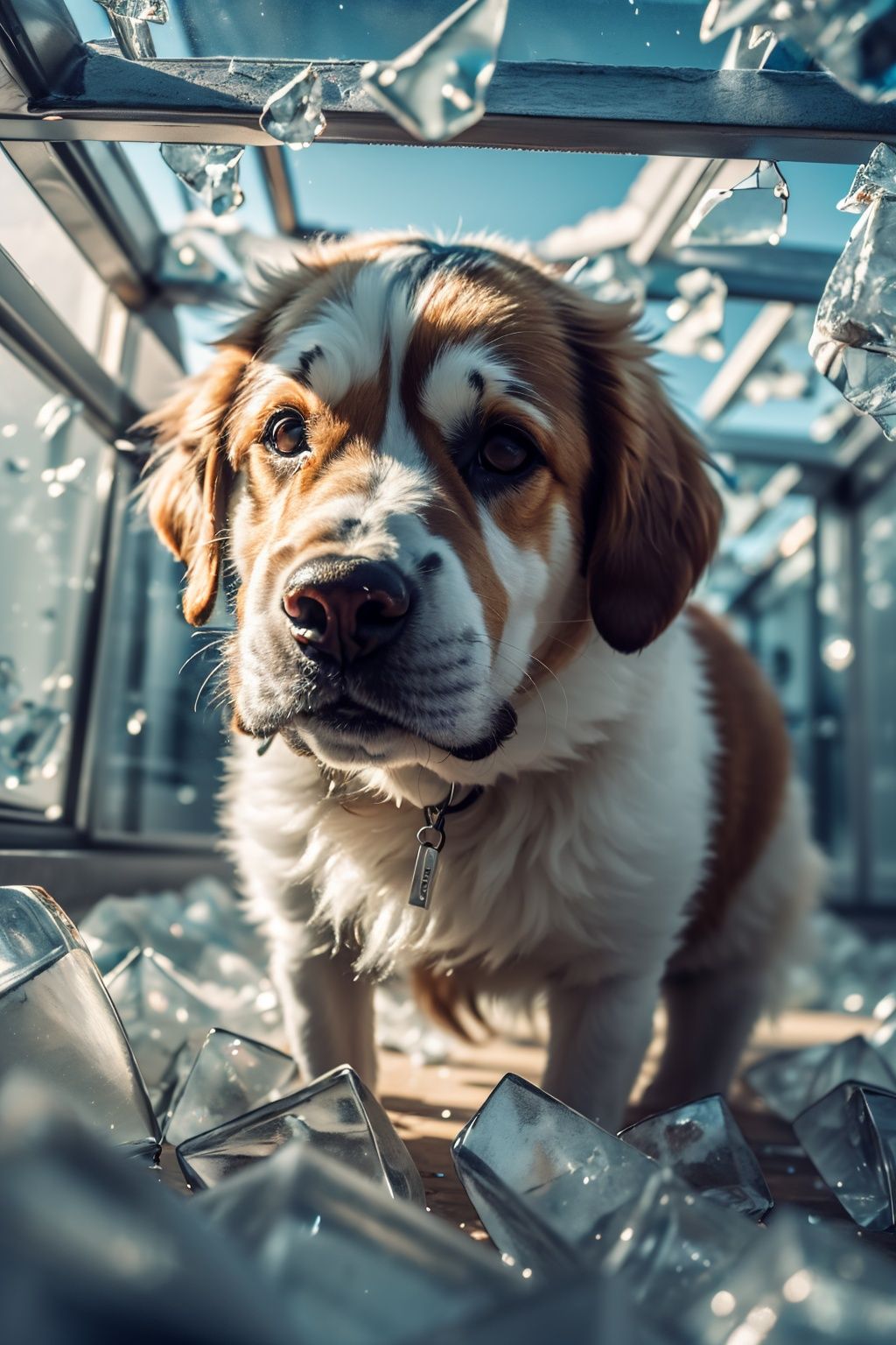 HDR,UHD,8K,best quality,masterpiece,Highly detailed,ultra-fine painting,sharp focus,nvsheng,solo,glass,broken glass,sunlight,dog, <lora:琉璃宫-000006:0.8>