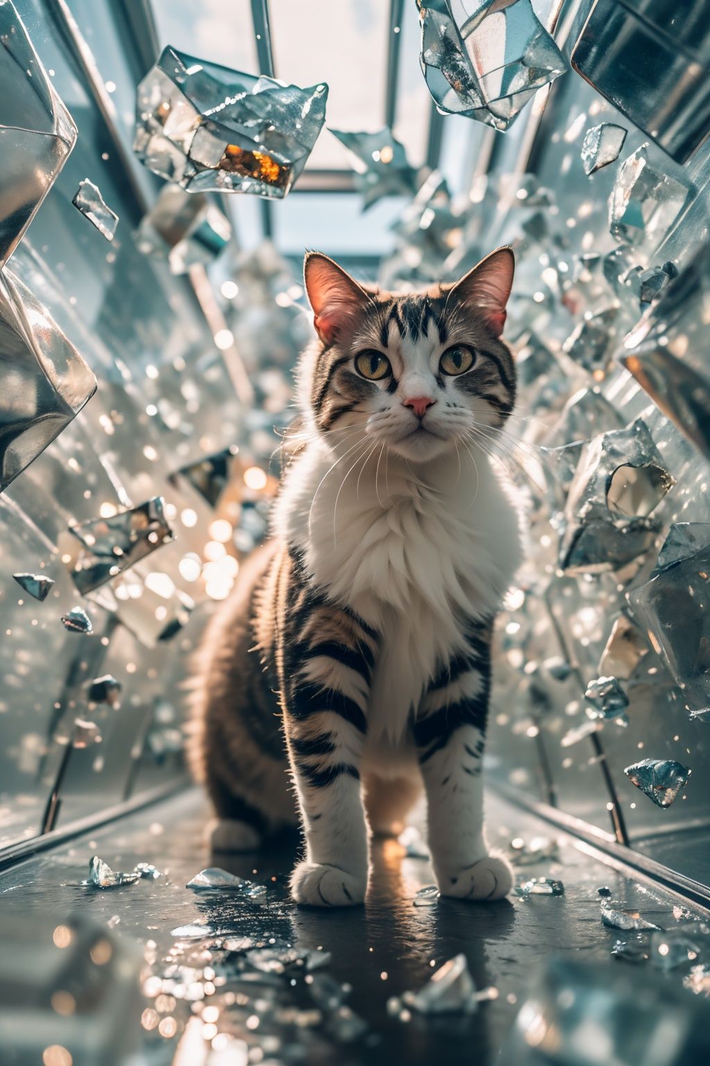 HDR,UHD,8K,best quality,masterpiece,Highly detailed,ultra-fine painting,sharp focus,nvsheng,solo,glass,broken glass,sunlight,cat, <lora:琉璃宫-000006:0.7>，