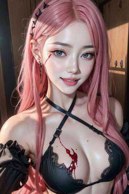 absurdres, 1girl,medium breast, star eye, blush, (realistic:1.5), (masterpiece, Extremely detailed CG unity 8k wallpaper, best quality, highres:1.2), (ultra_detailed, UHD:1.2), (pixiv:1.3), perfect illumination, distinct, (1girl:1.4), (bishoujo:1.2), looking at viewer, unreal engine, sidelighting, perfect face, detailed face, bangs, perfect body, beautiful eyes, pretty face, (bright skin:1.4), idol, (abs), ulzzang-6500-v1.1, (navel), ruins, dark place, night, dark aura, close-up, selfie, <lora:makimaChainsawMan_v10:0.4>, (blood on face:1.4), (evil smile:1.1)