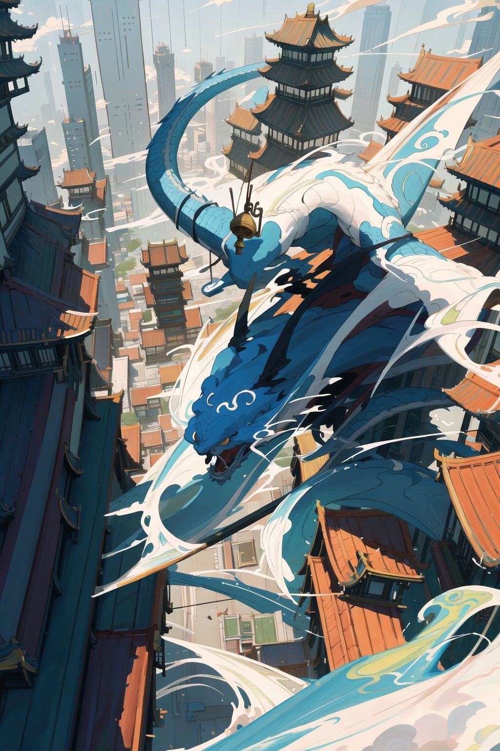 style of Tomer Hanuka,  style of Erin Hanson,  aerial shot of large city with a long white and blue chinese dragon flying...