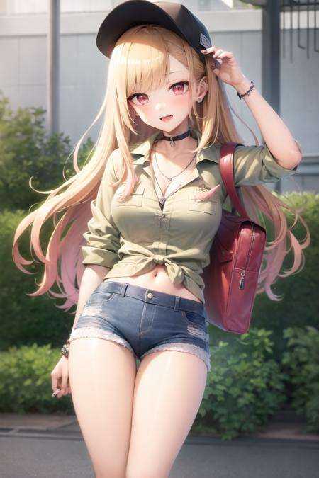 kitagawa marin,  denim shorts,  striped shirt on Tensor.Art