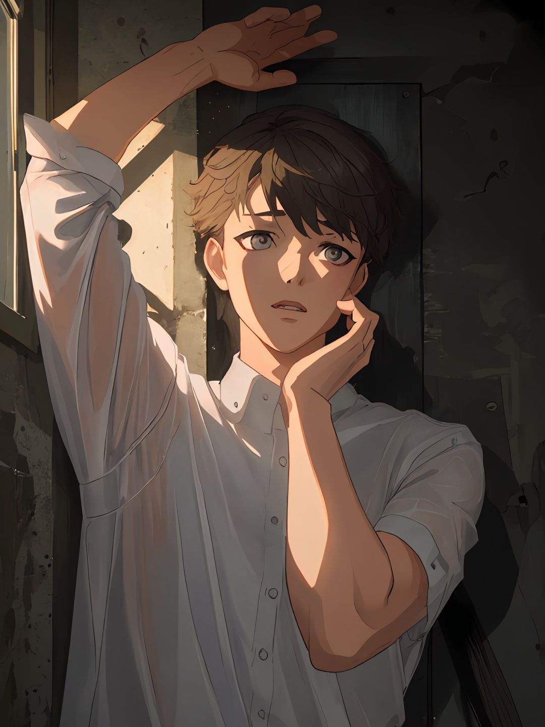 shenyong1male,hands apart up,alley,⚡,rain,surrender,flashlight,upper body,nightfall,panic, white shirt,masterpiece, best quality,  <lora:shenyong:1>,(((masterpiece))), (((best quality))), ((ultra-detailed)), (illustration), (detailed light),((an extremely delicate and beautiful)),dramatic_shadow,ray_tracing