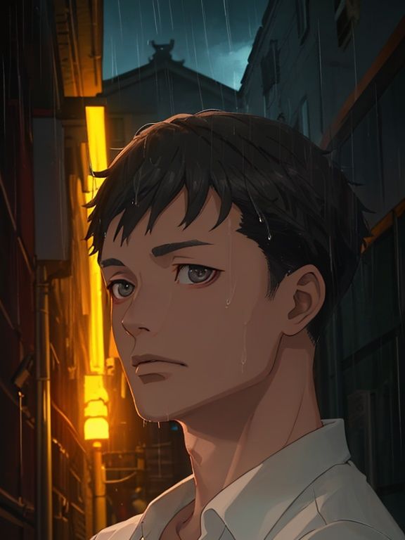shenyong,1male,face,alley,⚡,rain,surrender,flashlight,nightfall,panic, white shirt,masterpiece, best quality,  <lora:shenyong:1>,(((masterpiece))), (((best quality))), ((ultra-detailed)), (illustration), (detailed light),((an extremely delicate and beautiful)),dramatic_shadow,ray_tracing