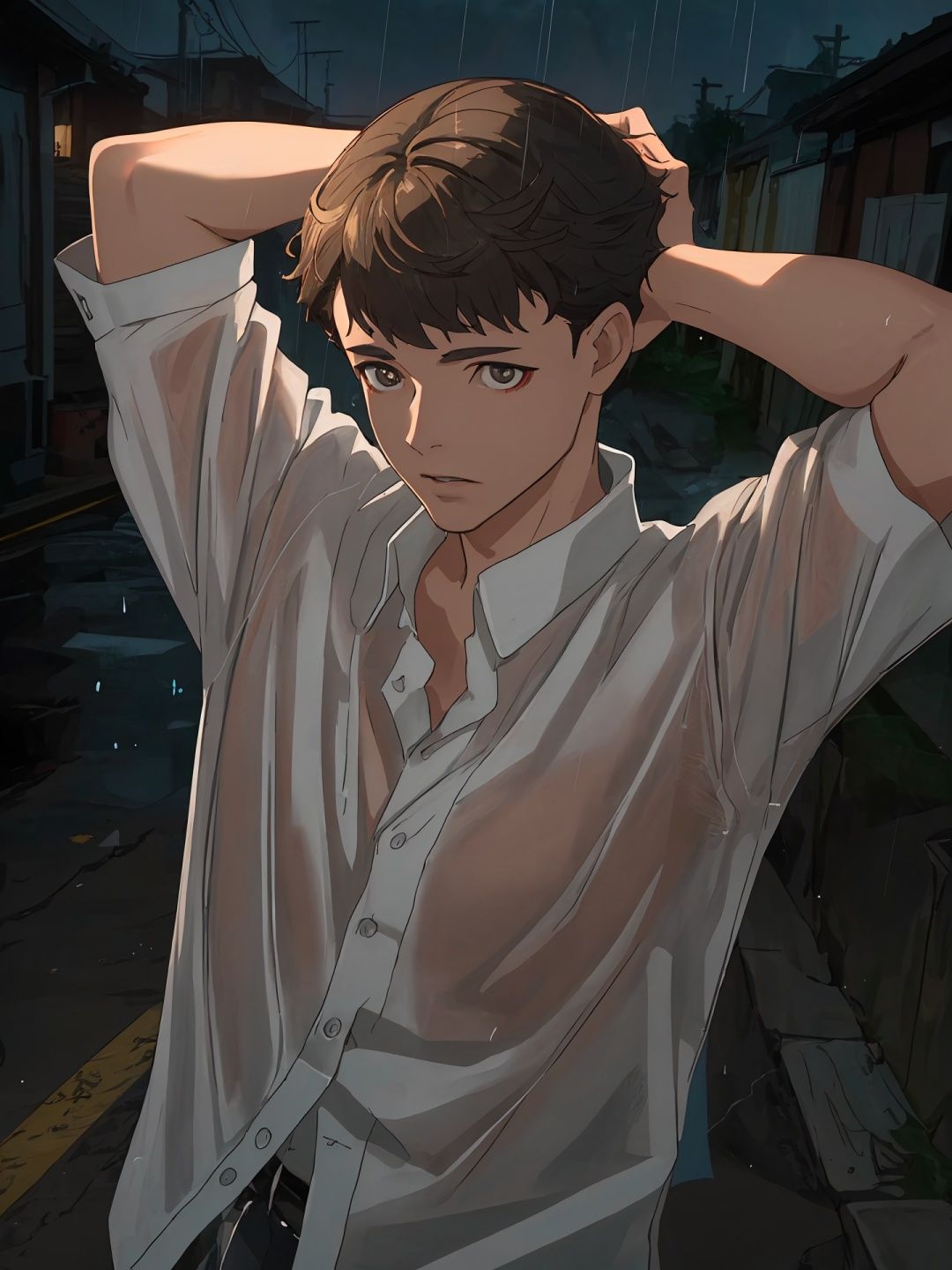 shenyong1male,hands above head,alley,⚡,rain,surrender,flashlight,upper body,nightfall,panic, white shirt,masterpiece, best quality,  <lora:shenyong:1>,(((masterpiece))), (((best quality))), ((ultra-detailed)), (illustration), (detailed light),((an extremely delicate and beautiful)),dramatic_shadow,ray_tracing