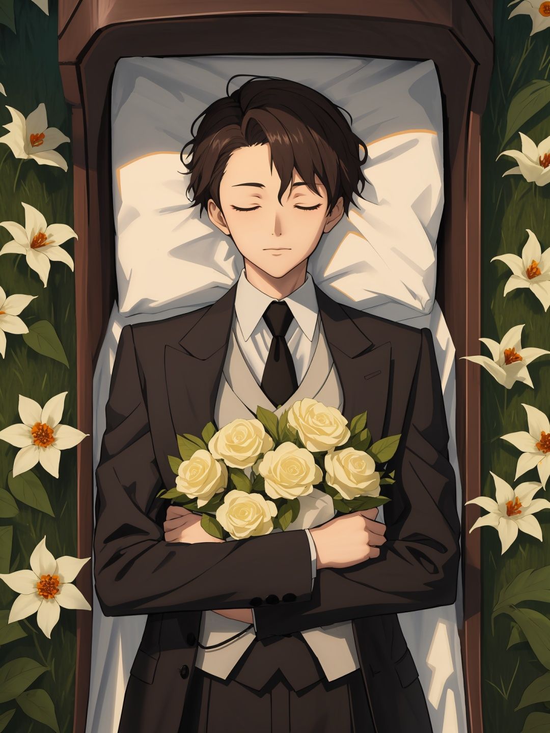 upper body,calm,lying in coffin,breast suppress,sanhao,black suit,1male,flower field,close eyes,masterpiece, best quality,  <lora:sanhao-v2:0.9>