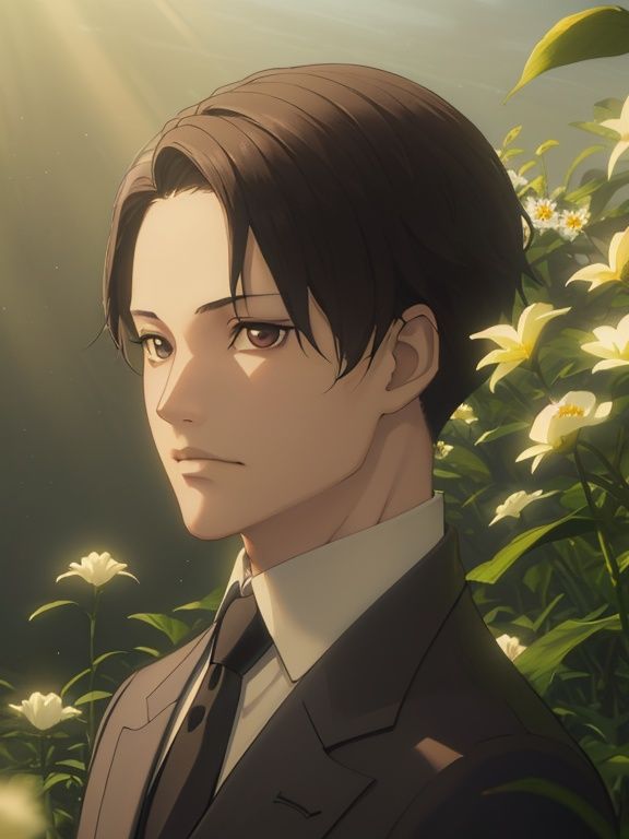sanhao,1male,face,black suit,flower field,day,masterpiece, best quality,  (((masterpiece))), (((best quality))), ((ultra-detailed)), (illustration), (detailed light),((an extremely delicate and beautiful)),dramatic_shadow,ray_tracing<lora:sanhao-v2:0.9>