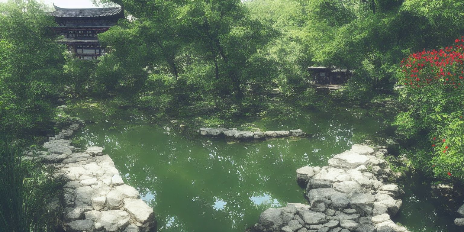 <lora:yard_20230628225157:0.8>,yard,scenery, no humans, tree, outdoors, east asian architecture, architecture, flower, water, plant, day, building, bridge, shadow