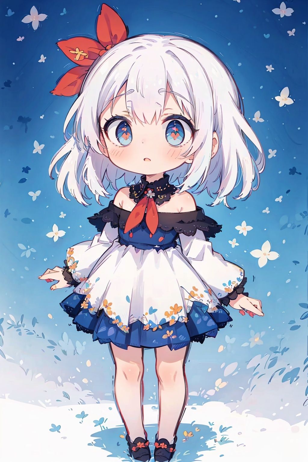 (little loli:1.3), (child:1.2), (Girlish body type), (masterpiece), (best quality), Exquisite visuals, high-definition, (ultra detailed), finely detail, ((solo)), ((gawr gura)), (medium hair), (white Silver hair), (gradient Blue), (beautiful detailed eyes), Kawai, loveliness, off shoulder, looking at viewer, bare shoulders, standing, ((full body)),pale skin