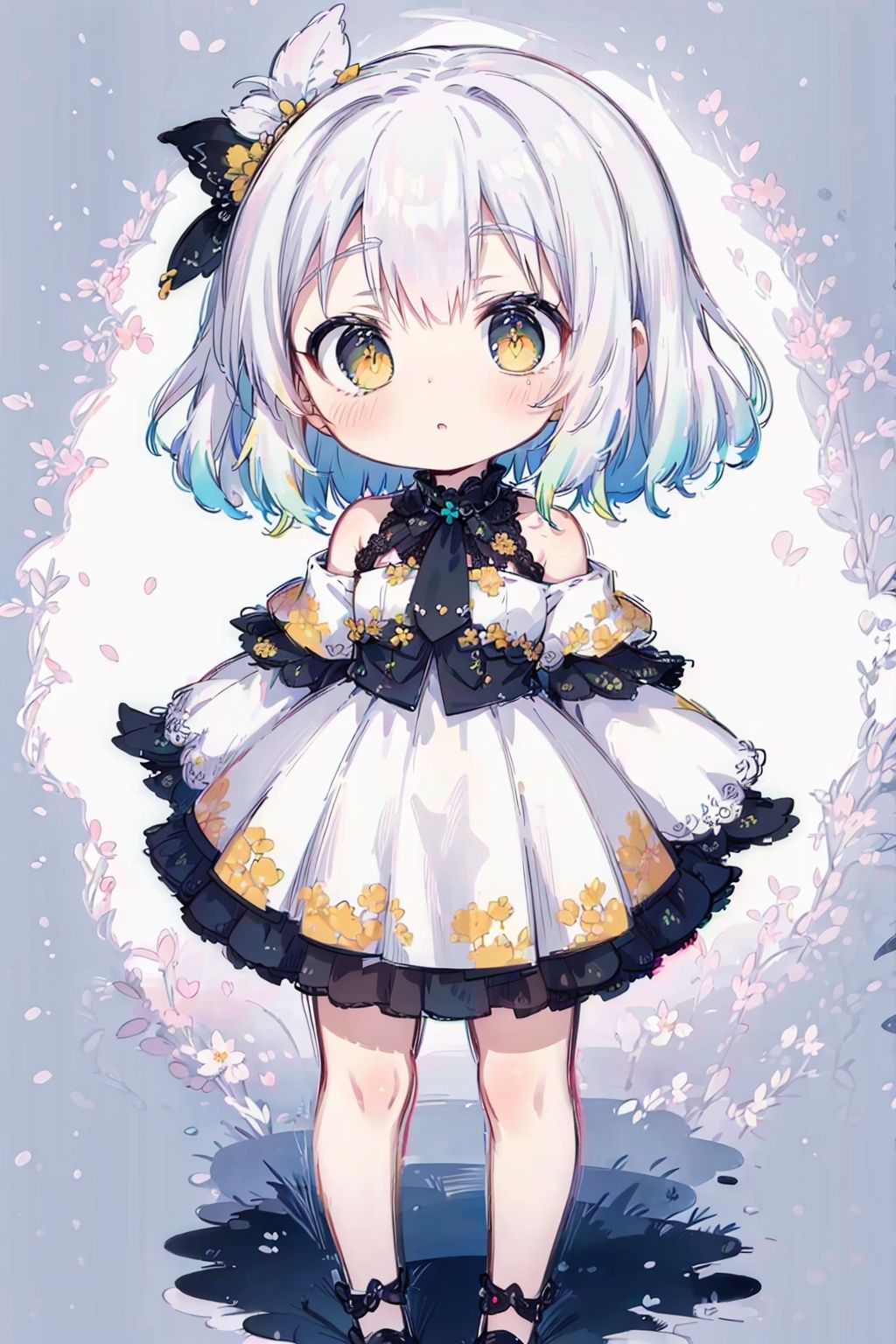 (little loli:1.3), (child:1.2), (Girlish body type), (masterpiece), Exquisite visuals, high-definition, (ultra detailed), finely detail, ((solo)), ((gawr gura)), (medium hair), (white Silver hair), (gradient yellow), (beautiful detailed eyes), Kawai, loveliness, off shoulder, looking at viewer, bare shoulders, standing, ((full body)), pale skin, (best quality)