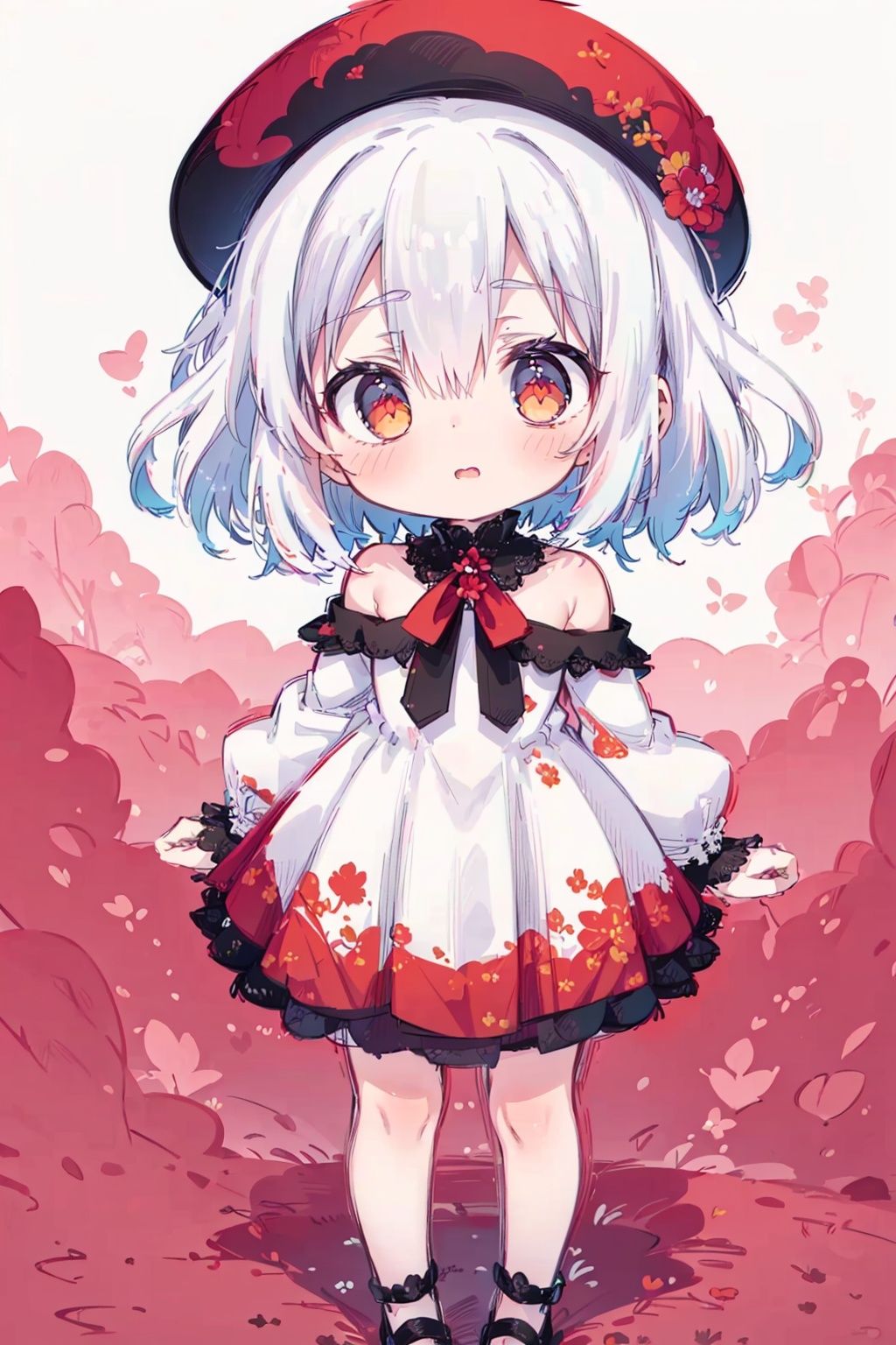 (little loli:1.3), (child:1.2), (Girlish body type), (masterpiece), Exquisite visuals, high-definition, (ultra detailed), finely detail, ((solo)), ((gawr gura)), (medium hair), (white Silver hair), (gradient red), (beautiful detailed eyes), Kawai, loveliness, off shoulder, looking at viewer, bare shoulders, standing, ((full body)), pale skin, (best quality)