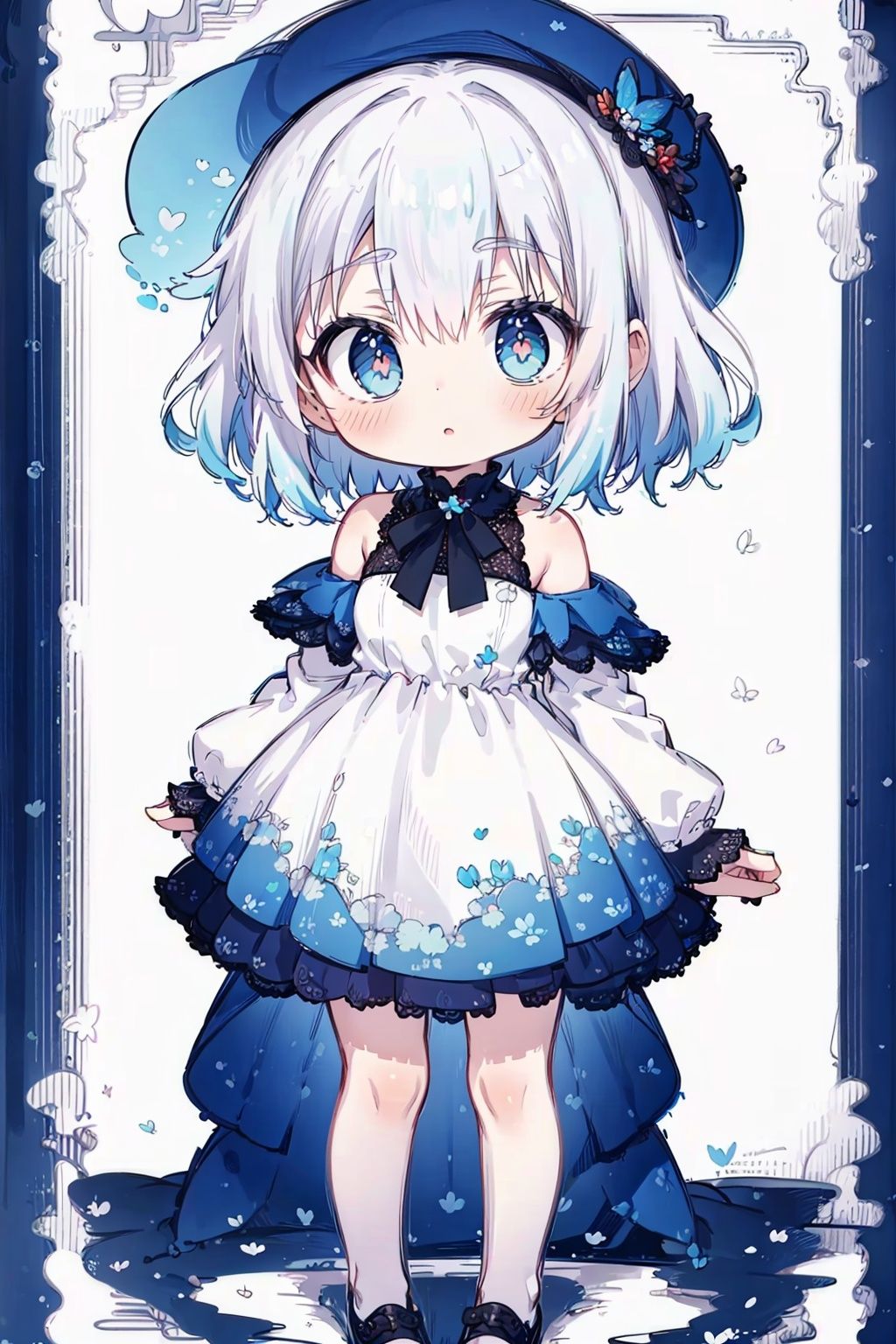 (little loli:1.3), (child:1.2), (Girlish body type), (masterpiece), (best quality), Exquisite visuals, high-definition, (ultra detailed), finely detail, ((solo)), ((gawr gura)), (medium hair), (white Silver hair), (gradient Blue), (beautiful detailed eyes), Kawai, loveliness, off shoulder, looking at viewer, bare shoulders, standing, ((full body)),pale skin