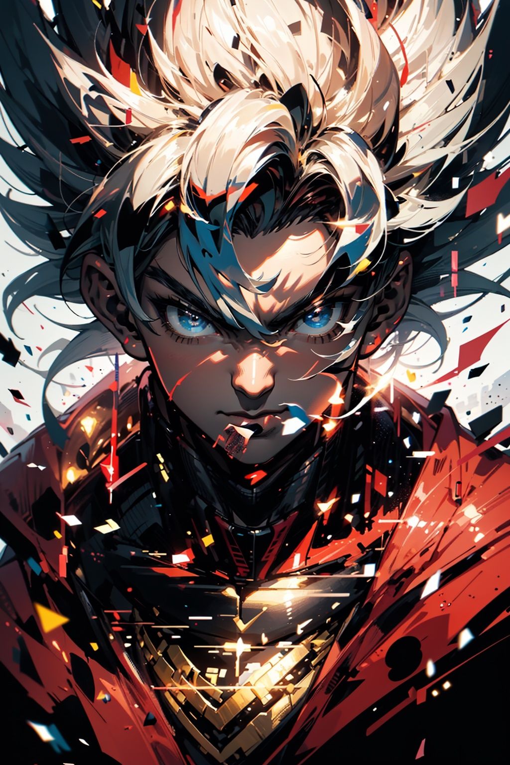 bj_Fault art,Goku,solo,full body,blue eyes,glowing,portrait,animification,cinematic lighting,strong contrast,high level of detail,Best quality,masterpiece,White background,<lora:Fault_art:0.7>,