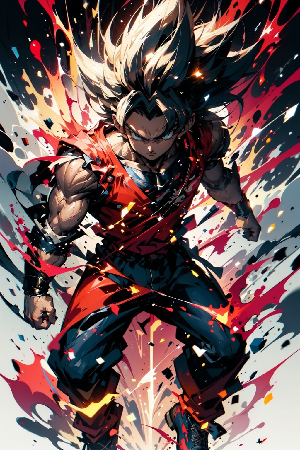 bj_Fault art,Goku,solo,(full body:1.2),blue eyes,glowing,animification,cinematic lighting,strong contrast,high level of detail,Best quality,masterpiece,White background,<lora:Fault_art:0.7>,