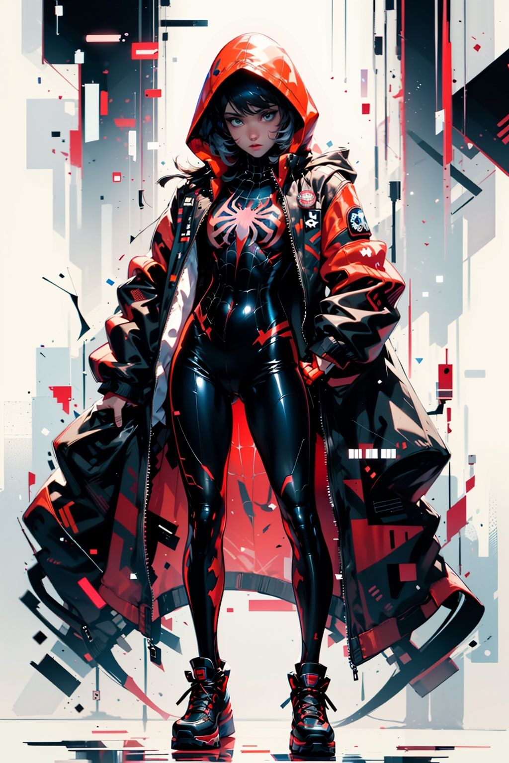 bj_Fault art,Spider-Man,solo,(full body:1.2),blue eyes,glowing,animification,Jacket,zipper,glitch,cinematic lighting,strong contrast,high level of detail,Best quality,masterpiece,White background,<lora:Fault_art:0.7>,