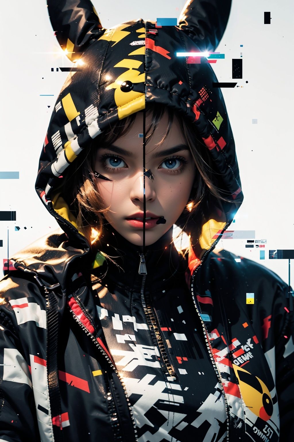 bj_Fault art,Pikachu,solo,blue eyes,glowing,animification,Jacket,zipper,glitch,cinematic lighting,strong contrast,high level of detail,Best quality,masterpiece,White background,<lora:Fault_art:0.7>,
