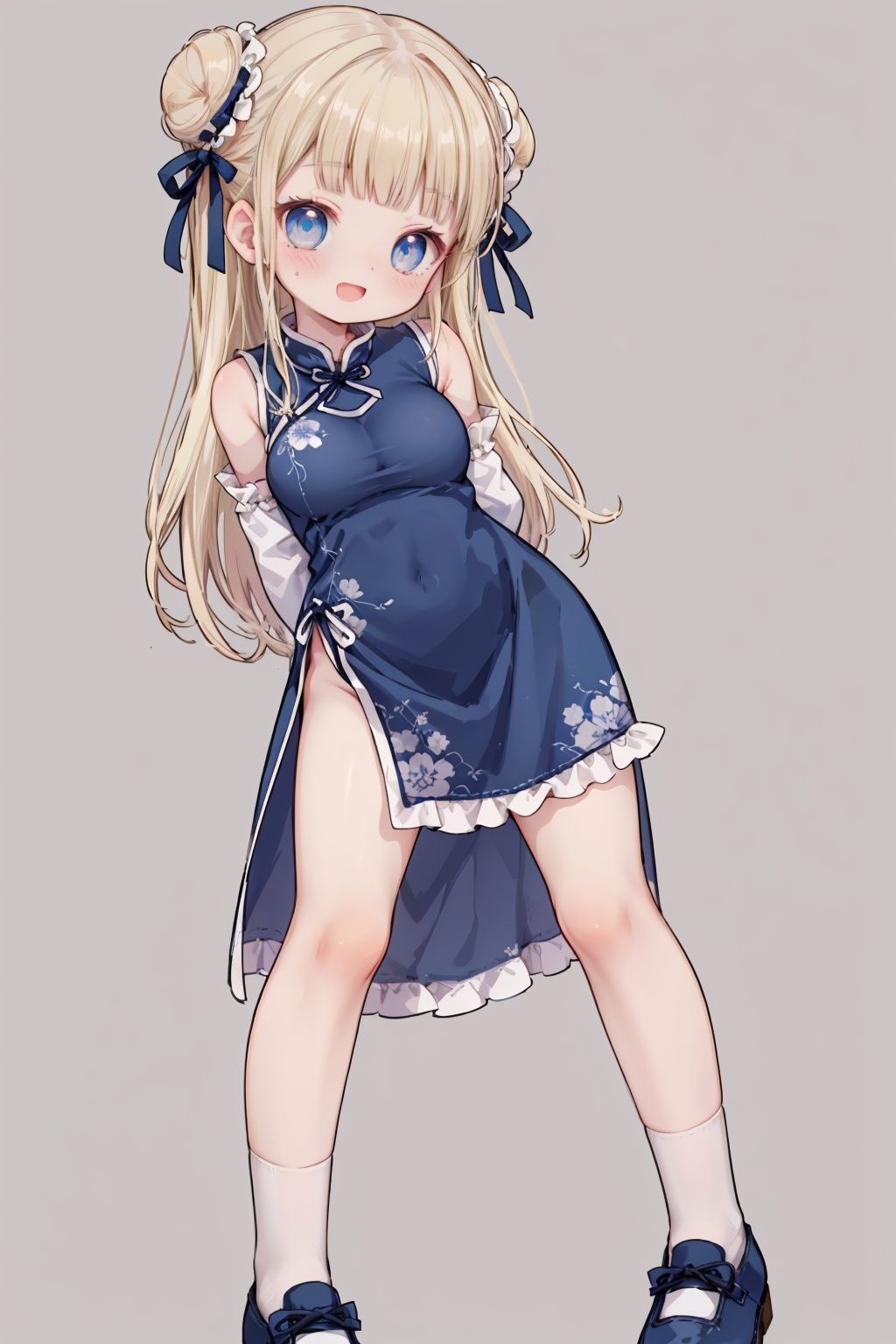 hair ribbon,buns, blonde hair, blue eyes, large breasts,long hair, bangs,looking at viewer, long sleeves, blush, stray hair,smile, open mouth, wink,Simple background china_dress, standing,full_body,arms behind back, leaning forward,bare legs,frill shoes