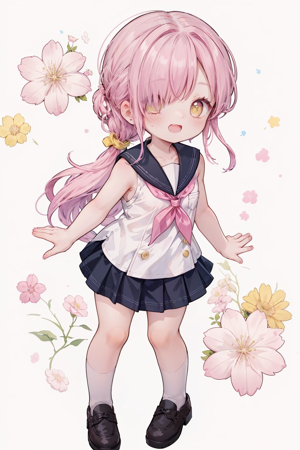 pink hair,yellow eyes,hair over one eye,hair tie,medium hair with long locks , low tied,low ponytail,long locks,solo locks,full body,child,small breasts,bare shoulders,blush,light smile,open mouth, winking,standing, school uniform,