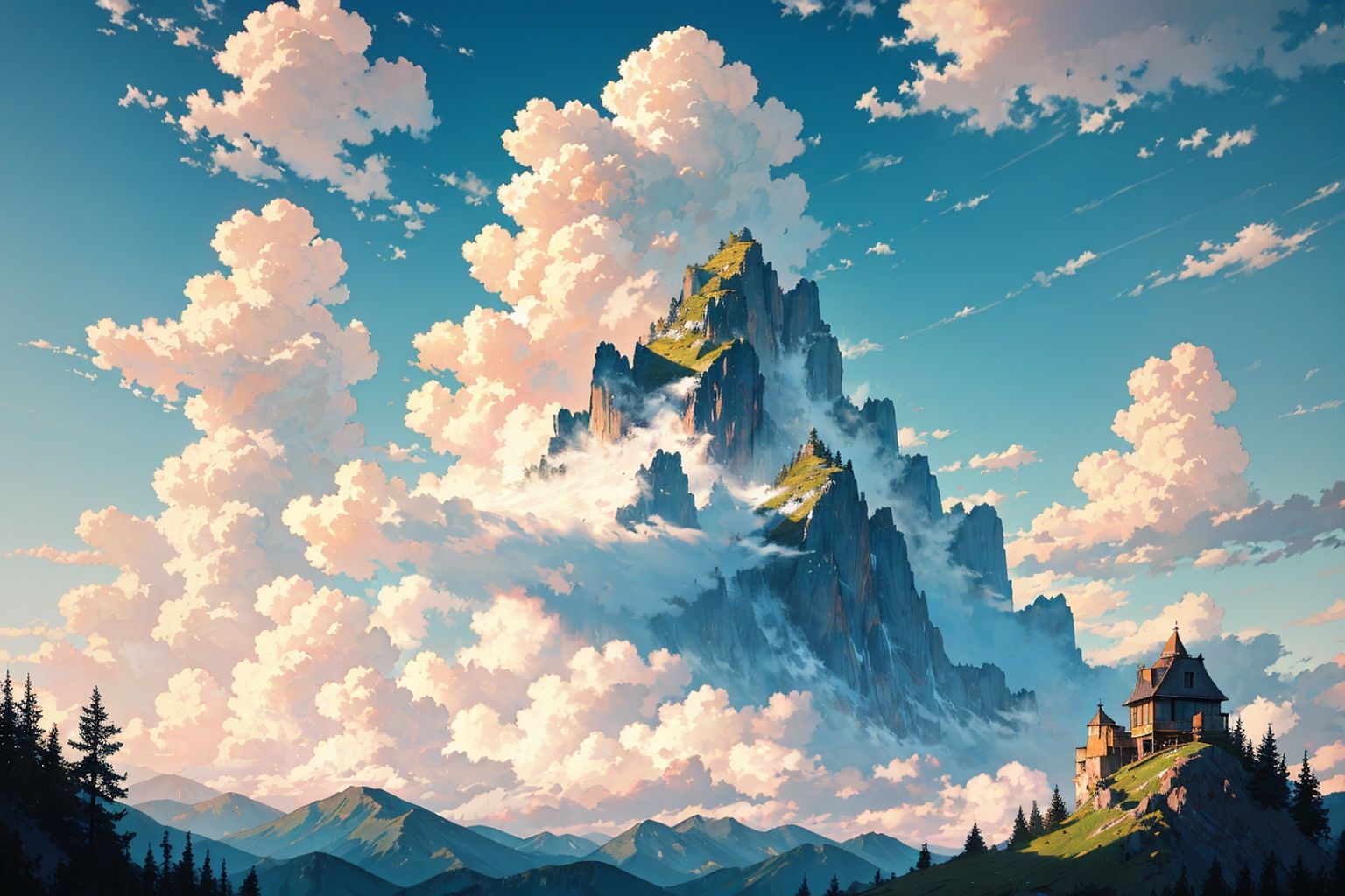 mountain floating on air,sky,cloud, floating,   , (((masterpiece,best quality))),((good structure,Good composition,good atomy)), ((clear, original,beautiful)),