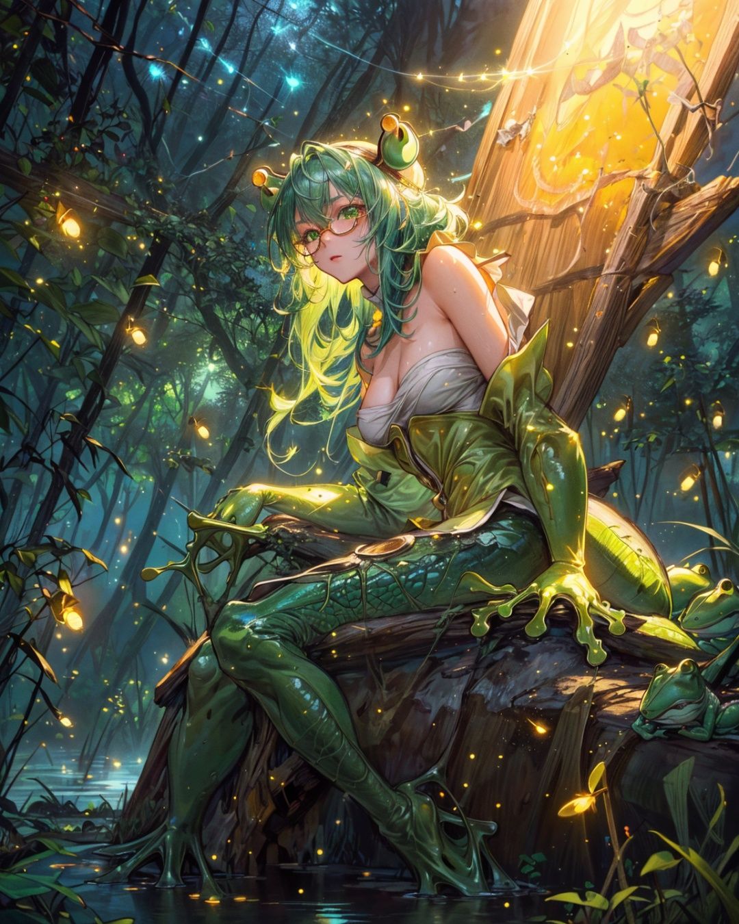 (masterpiece), (realistic), (best quality), (ultra-detailed), (illustration), amazing, (((frog girl, swamp, beautiful terrain, fireflies, glowing fireflies, green shades))),(unusual angle and pose)