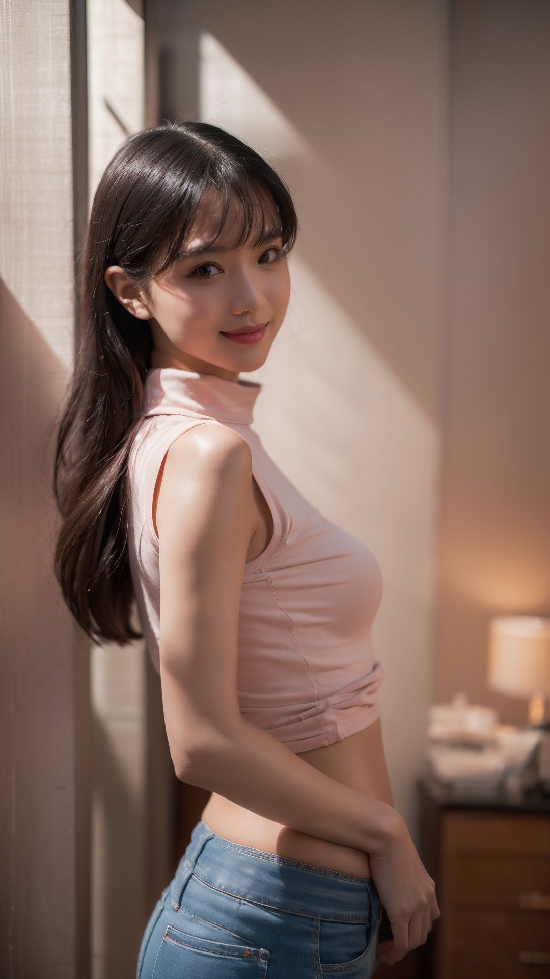 best quality, masterpiece, (photorealistic:1.4), 1girl, light smile, shirt with collars, waist up, dramatic lighting, from below.