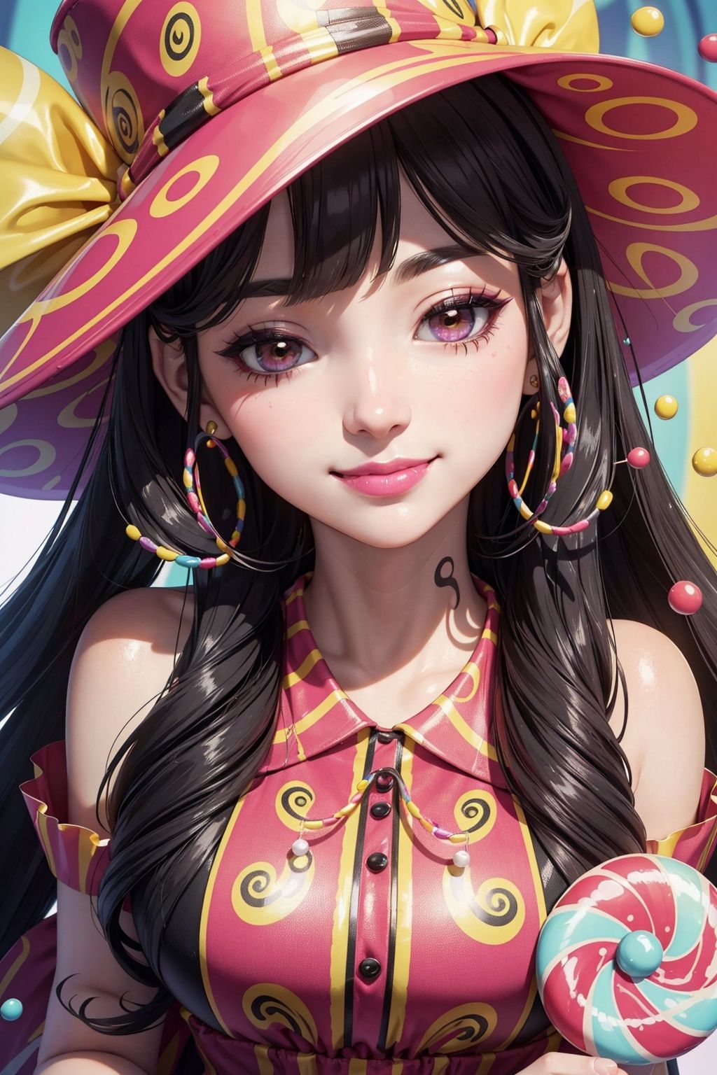 masterpiece, best quality, 1girl, candy background, black hair, Long curly hair, face front, ((candy fashion dress with candy swirling vortexes pattern)), ((candy hat)), smile, happy ((close up portrait, close-up)), make up, studio light, (candy)