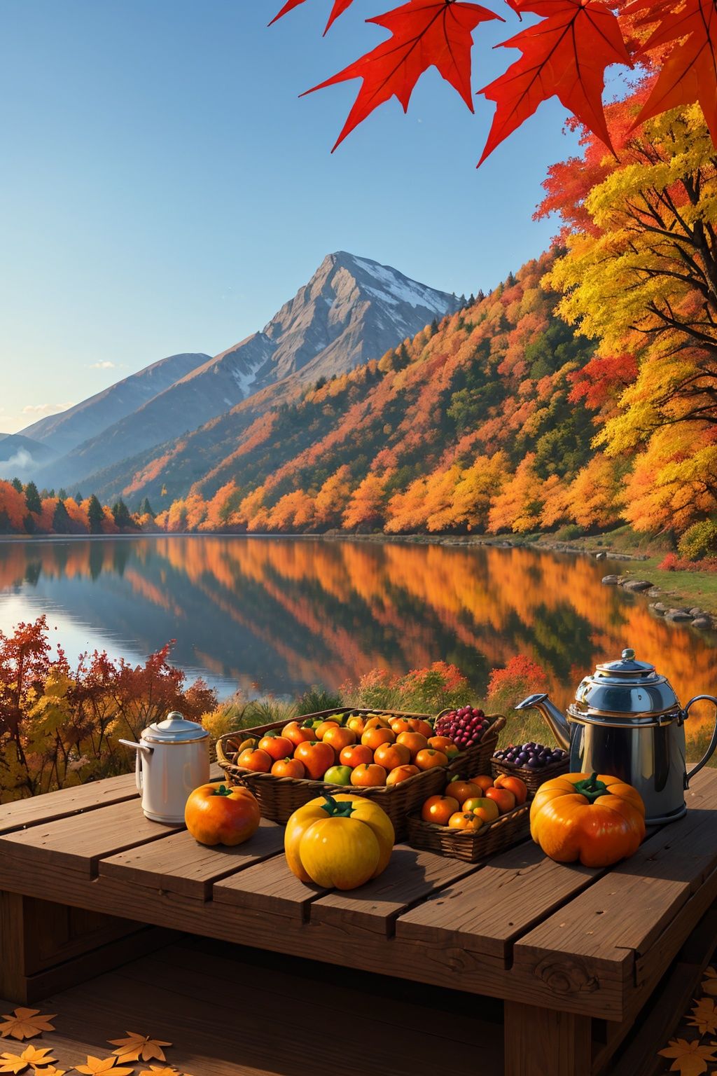 morning dew in autumn, maple leaves, serene lake surface, mountains, open-air cafe, cabin, campfire, fishing, mountain trails, autumn wedding,golden autumn leaves, autumn colors, autumn breeze, wisps of smoke, dew, autumn scenery, harvest season, warm sunlight, persimmons, grapes, ripe fruits, 