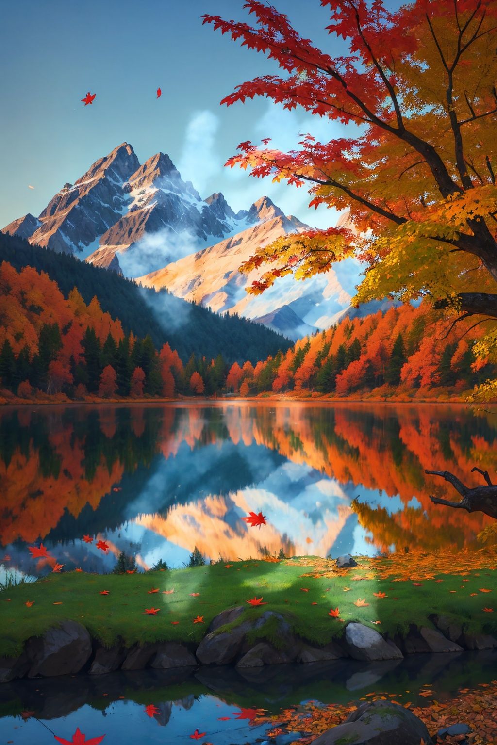 morning dew in autumn, maple leaves, serene lake surface, mountains, open-air cafe, cabin, campfire, fishing, mountain trails, autumn wedding