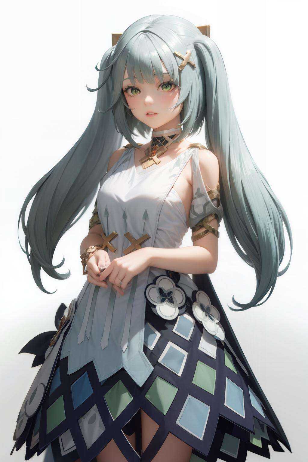 masterpiece, best quality,1girl, solo, hair ornament, green hair, twintails, long hair, dress,(grey background:1.2),simple background, (kbxll:0.6)