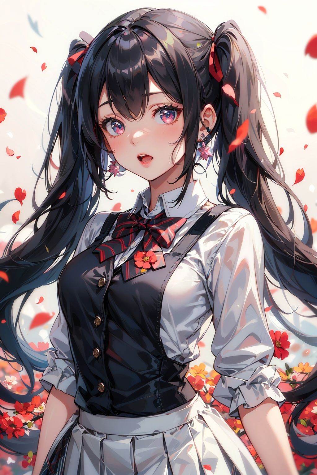 (masterpiece,bestquality),agirl,solo,twintails,shirt,skirt,petals,bowtie,earrings,jewelry,bangs,blackhair,hairornament,hairribbon,redribbon,redeyes,longhair,openmouth,whiteshirt,multicoloredhair,blackskirt,redhair,longsleeves,pinkbowtie,hairbetweeneyes,lookingatviewer,collaredshirt,upperbody,handup,fallingpetals,depthoffield,strongbloom,redbackground