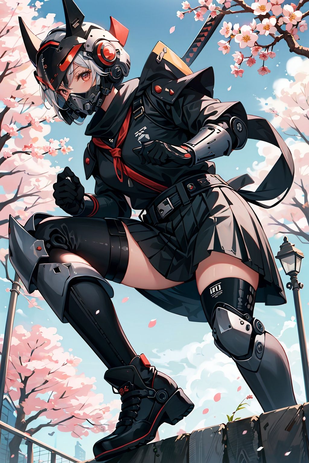 Masked knight build, mecha, samurai, samurai helmet, katana, slashing, power armor, exoskeleton, punk style, poster. Aspect ratio, battle flag, young girl, pink, JK-style skirt, black knee-high socks, cherry blossoms. The design has a modern punk vibe, featuring an exoskeleton, a headband, gloves, and a school uniform.