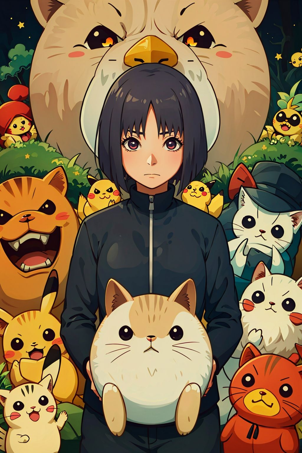 chick,too_many,stuffed_toy,stuffed_animal,stuffed_cat,:3,dog,hamster,teddy_bear,cat,ghost,bird,pokemon_\(creature\),kero,pumpkin,pikachu,jack-o'-lantern,bear,Kamado_Nezuko,WZRYbuzhihuowuYP,1girl,bj_Devil_angel,sawa,Sistermon Ciel,Tsunade,uzumaki naruto