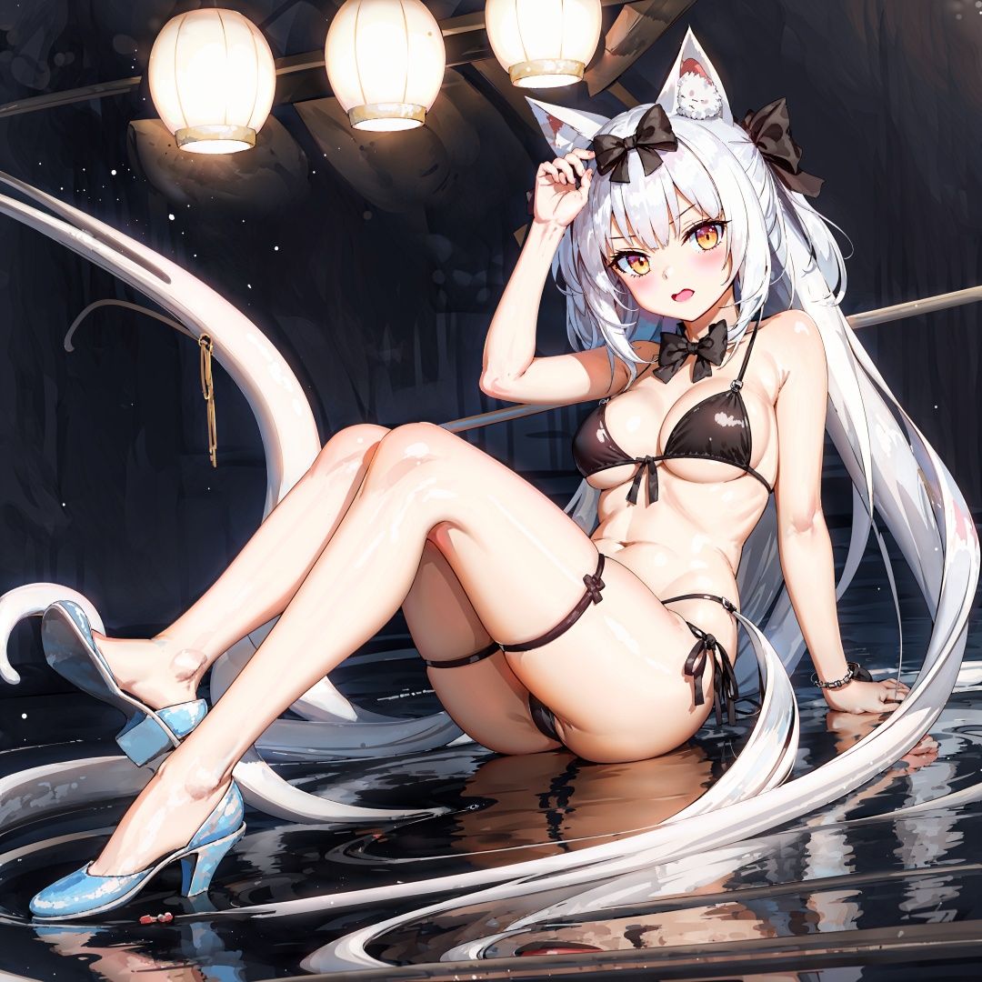 a woman in a bikini and cat ears sitting on a stage with lights above her head and a cat tail on her head,  sots art,  wet...