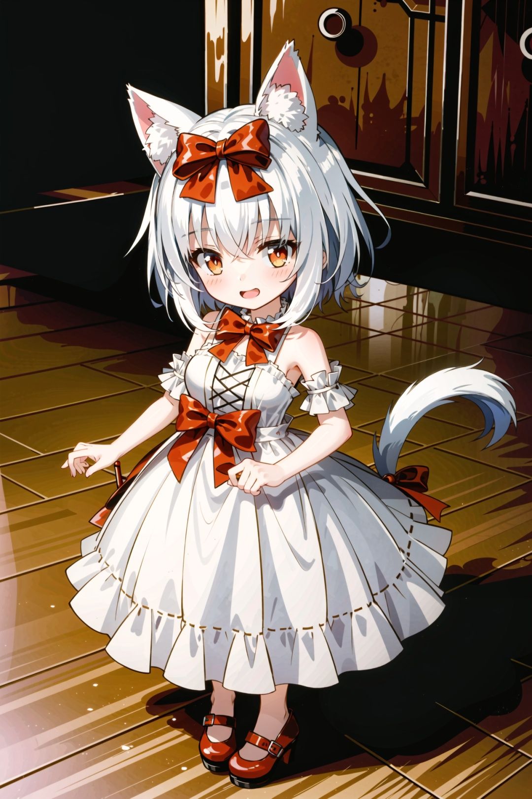 a gril dressed in a white dress with red bows and a cat ears on her head and tail, standing on a wooden floor,red bow tie, remodernism, dress, Alice Prin, a detailed painting, <lora:bobo:0.6>,