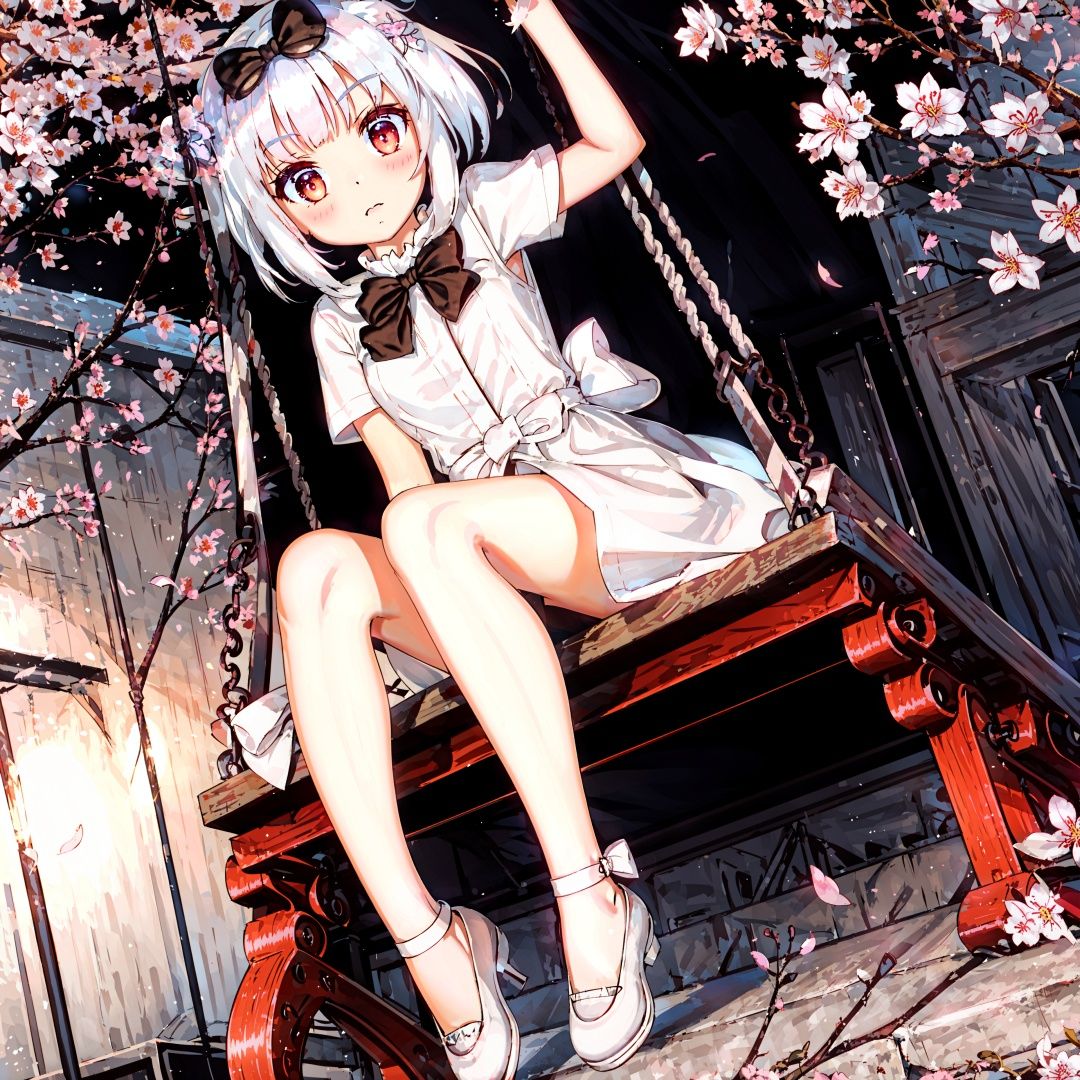 a girl sitting on a swing in front of a tree with pink flowers on it and a black cat on her head, neo-romanticism, rossdraws global illumination, Alice Prin, a detailed painting,black bow tie, <lora:bobo:0.7>