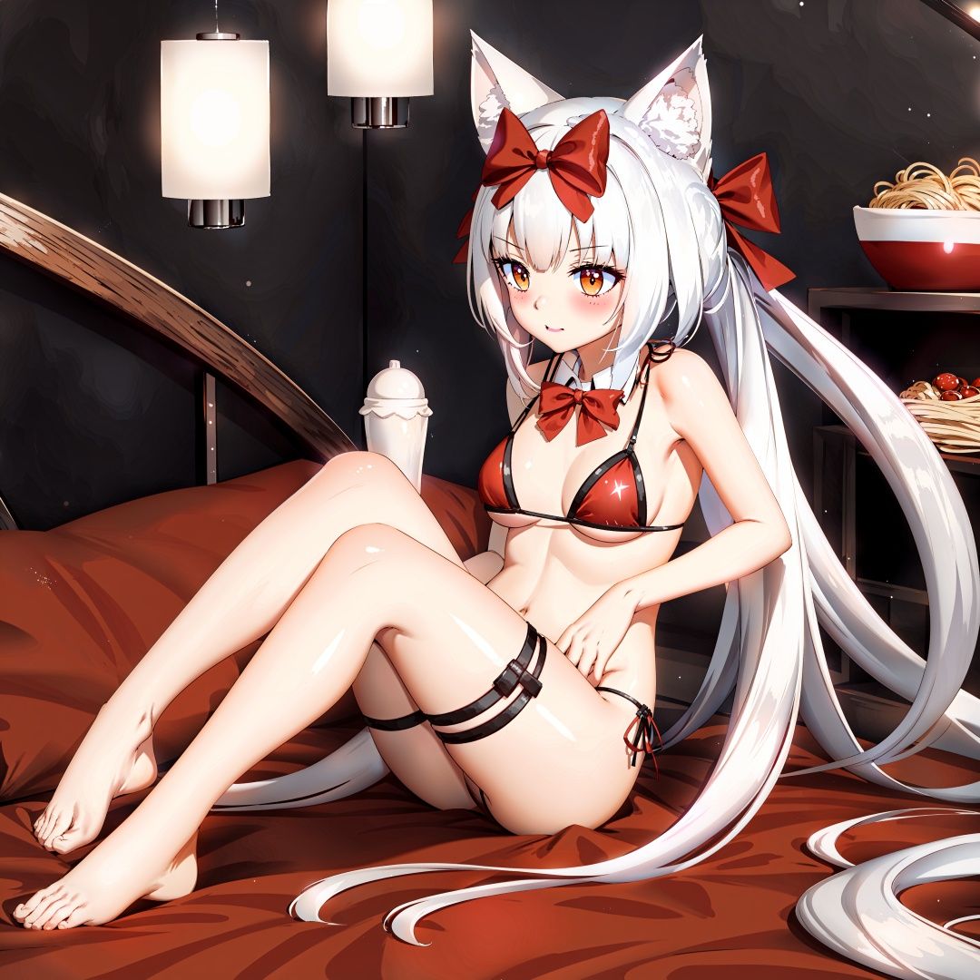 a woman in a bikini sitting on a bed with a cat ears on her head and a bottle of milk in her hand,  sots art,  official ar...