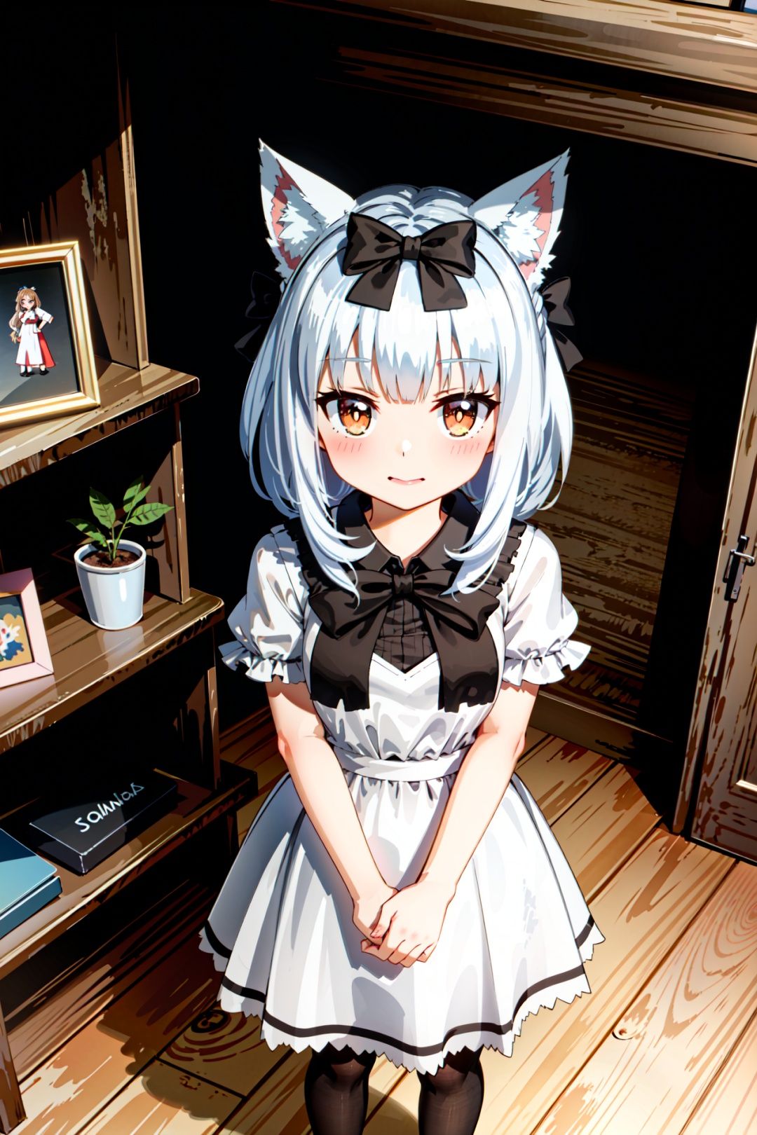 a gril dressed in a white dress with black bows and a cat ears on her head and tail, standing on a wooden floor,black bow tie, remodernism, dress, Alice Prin, a detailed painting, <lora:bobo:0.7>