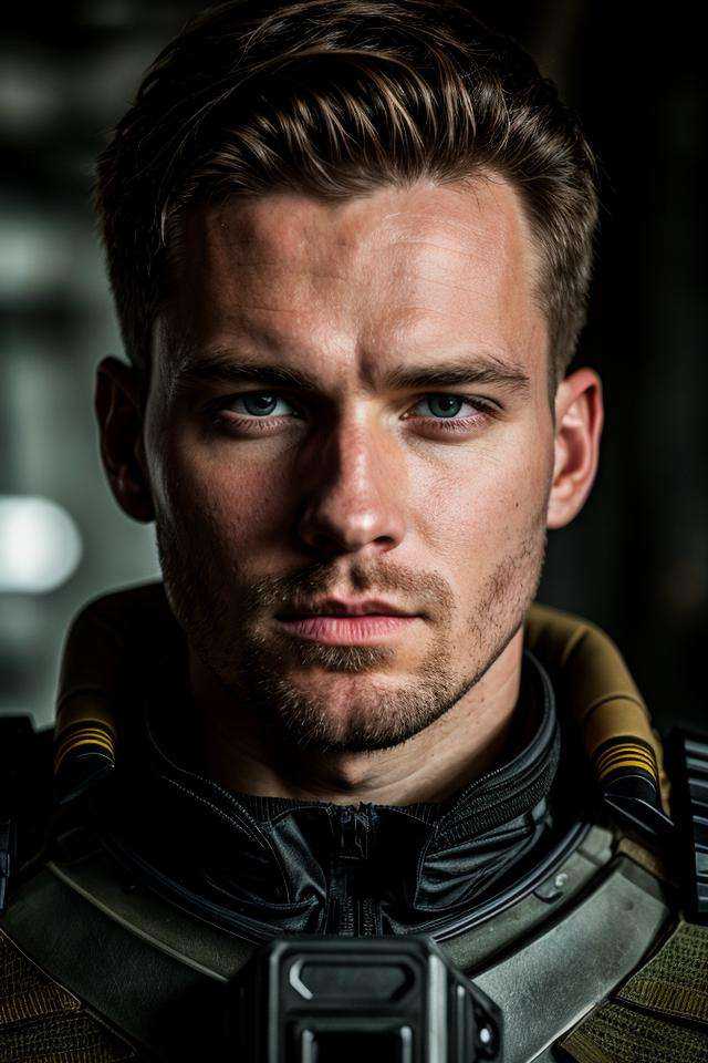 sci-fi, closeup portrait photo of man Joseph Mills in combat clothes, face, 8k uhd, high quality, film grain