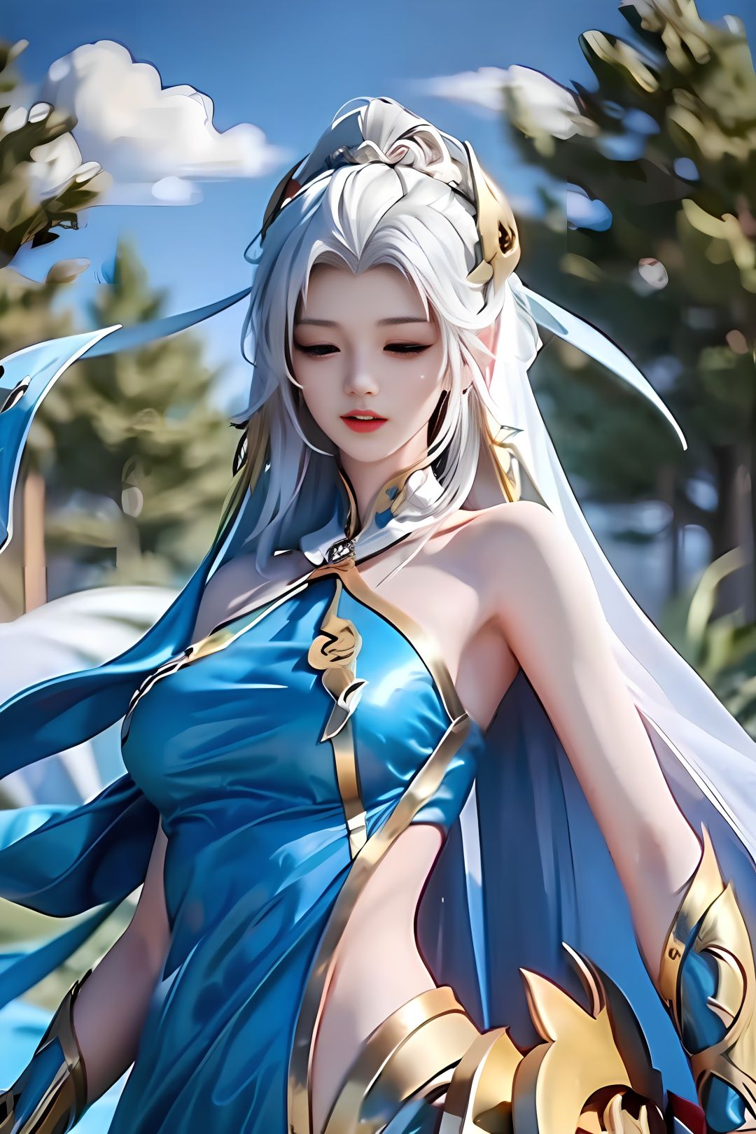 taihua, 1girl, bow (weapon), weapon, solo, high heels, long hair, white hair, dress, arrow (projectile), closed eyes, holding, holding weapon, holding bow (weapon), water, hair ornament, (((veil))),arrow (projectile),white hair, jewelry, mask,upper body, (((closed mouth))), ((Unable to see nose and mouth)),blue eyes, (((serious))),  ,, mountain background,ultra realistic,Sony Alpha α7,Mist,puffy clouds,proportionate,white lipstick, 