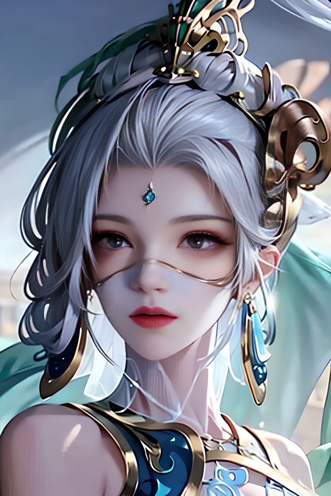 taihua, 1girl, solo, portrait, veil, looking at viewer, earrings, jewelry, akali, closed mouth, long hair, ponytail, hair ornament, mountain background,ultra realistic,4K,, masterpiece, best quality,(Wearing veil on her face:1.2),((The veil covers the mouth and nose)),proportionate,8K,detailed,((white hair))
