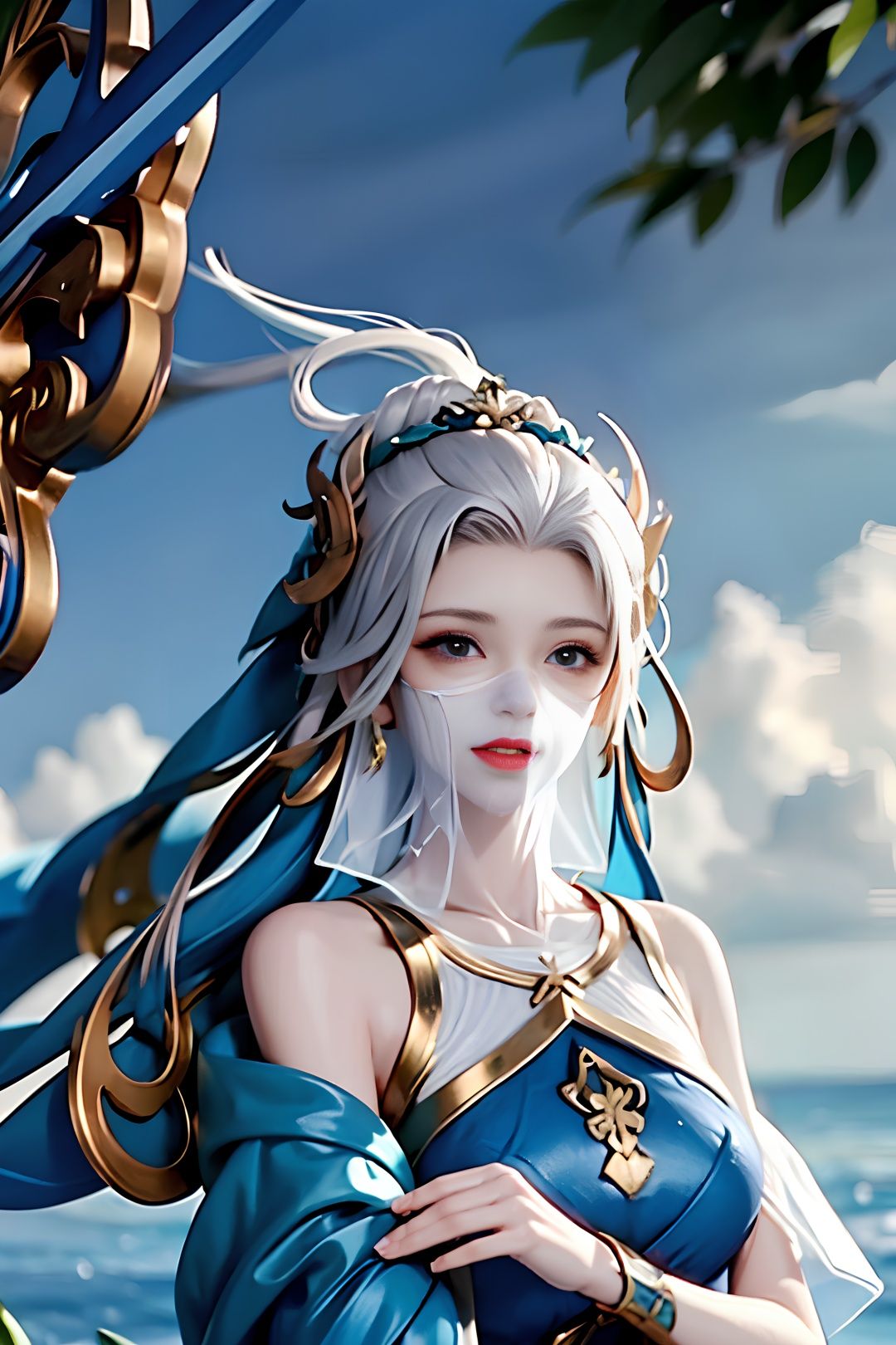 ((((mouth veil)))),upper body, , taihua, 1girl, veil, dress, weapon, solo, mouth veil, long hair, sword, hair ornament, water,, detached sleeves, bare shoulders, white hair, jewelry, mask,upper body, closed mouth, Unable to see nose and mouth,blue eyes, 