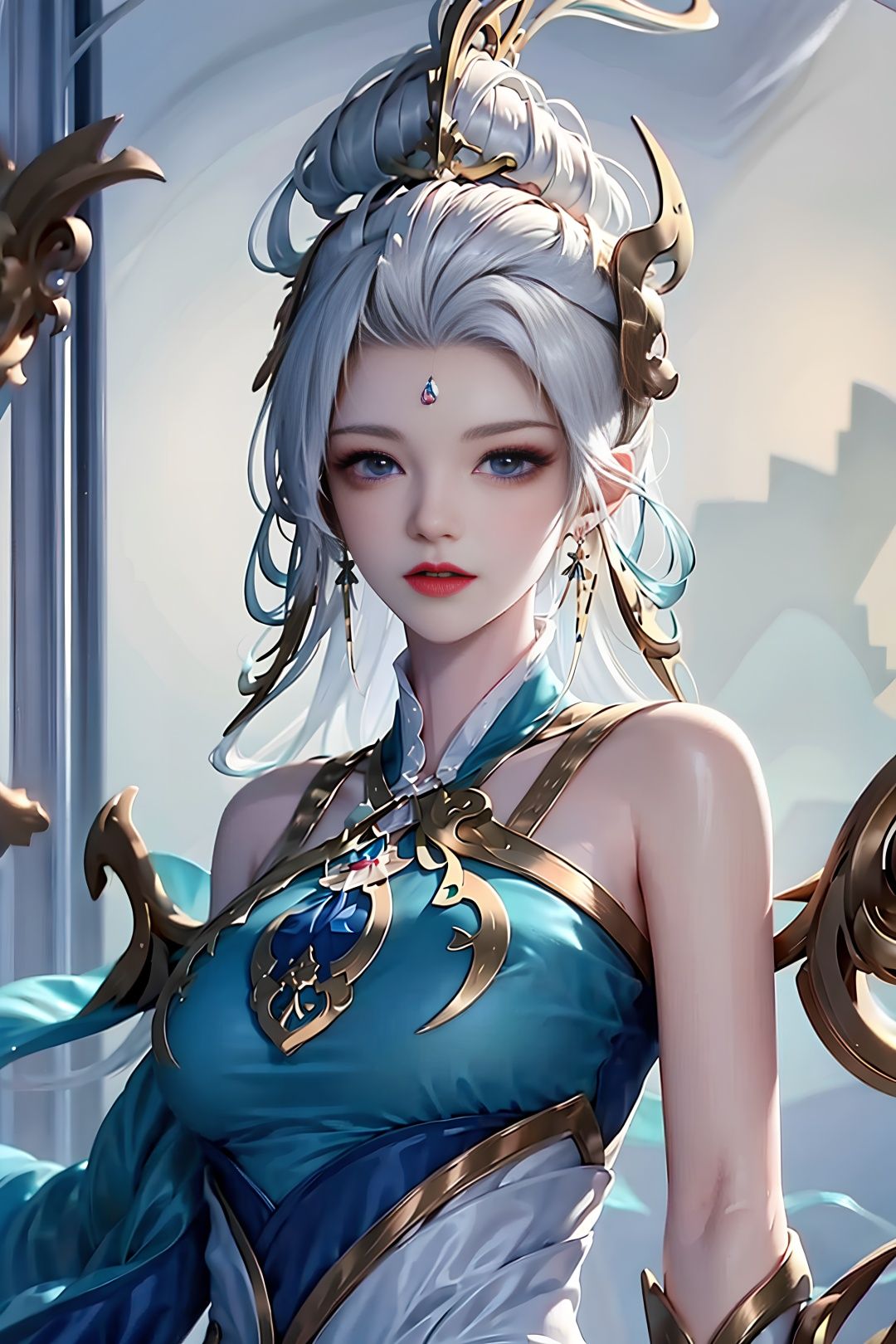 taihua, 1girl, hair ornament, jewelry, earrings, white hair, solo, upper body, dress, blue eyes, bare shoulders, forehead mark, looking at viewer, facial mark, long hair,full body, 