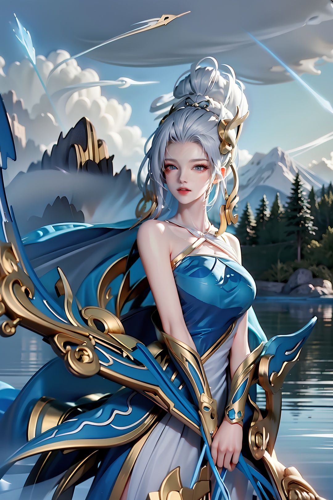 (((veil))),taihua, 1girl, bow (weapon), weapon, solo, high heels, long hair, white hair, dress, arrow (projectile), closed eyes, holding, holding weapon, holding bow (weapon), water, hair ornament,,arrow (projectile),white hair, jewelry, mask,upper body,  ,blue eyes, (((serious))), mountain background,ultra realistic,Sony Alpha α7,Mist,puffy clouds,proportionate,white lipstick, 