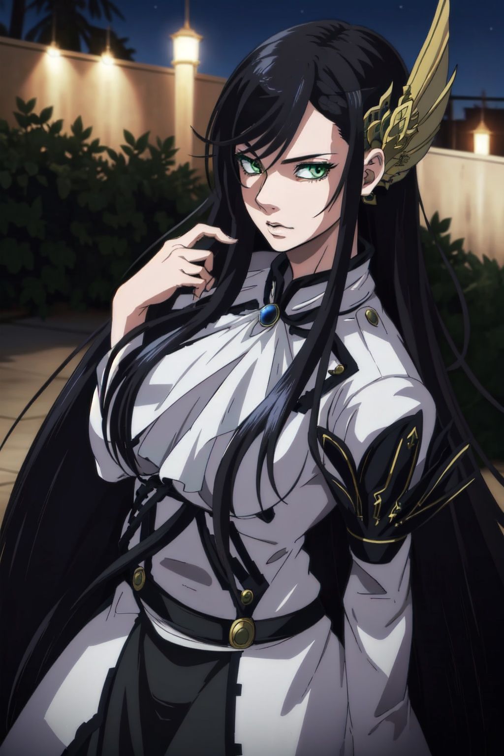 masterpiece, best quality, photorealistic, Brunhild, 1girl, solo, long hair, looking at viewer, green eyes, large breasts, black hair, hair ornament, (open clothes:1,3), battle background at night, <lora:EMS-4091-EMS:0.9>