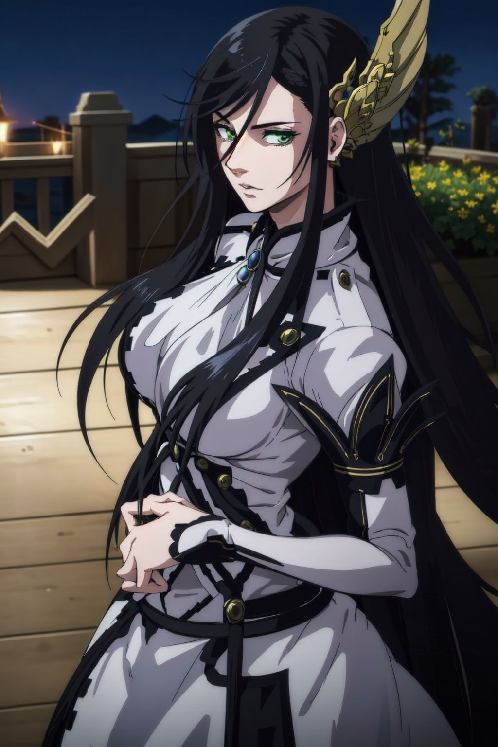 masterpiece, best quality, photorealistic, Brunhild, 1girl, solo, long hair, looking at viewer, green eyes, large breasts, black hair, hair ornament, (open clothes:1,3), battle background at night, <lora:EMS-4091-EMS:0.9>