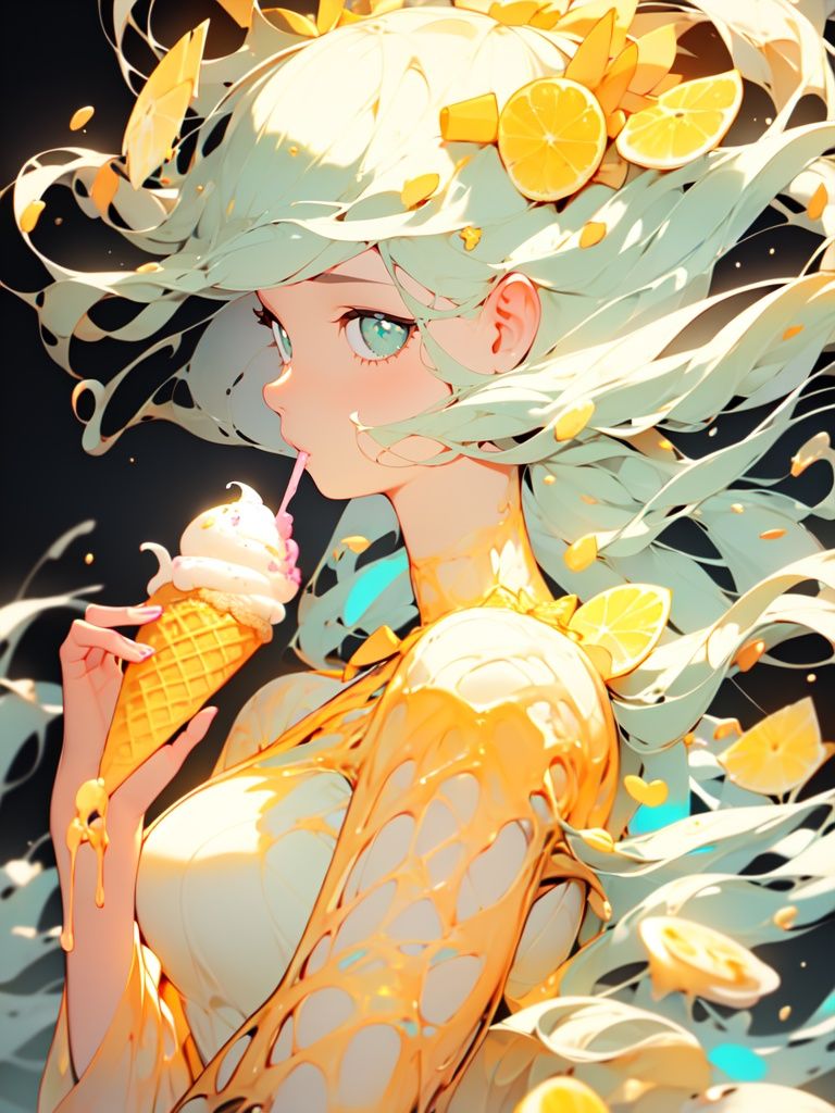 1girl, holding ice cream in her hand, with excellent detail handling,A glass of lemon juice in the background,Handle hand details in place,nijistyle,MG tian,Cream hair, cream clothes, melt, <lora:EMS-4020-EMS:1>